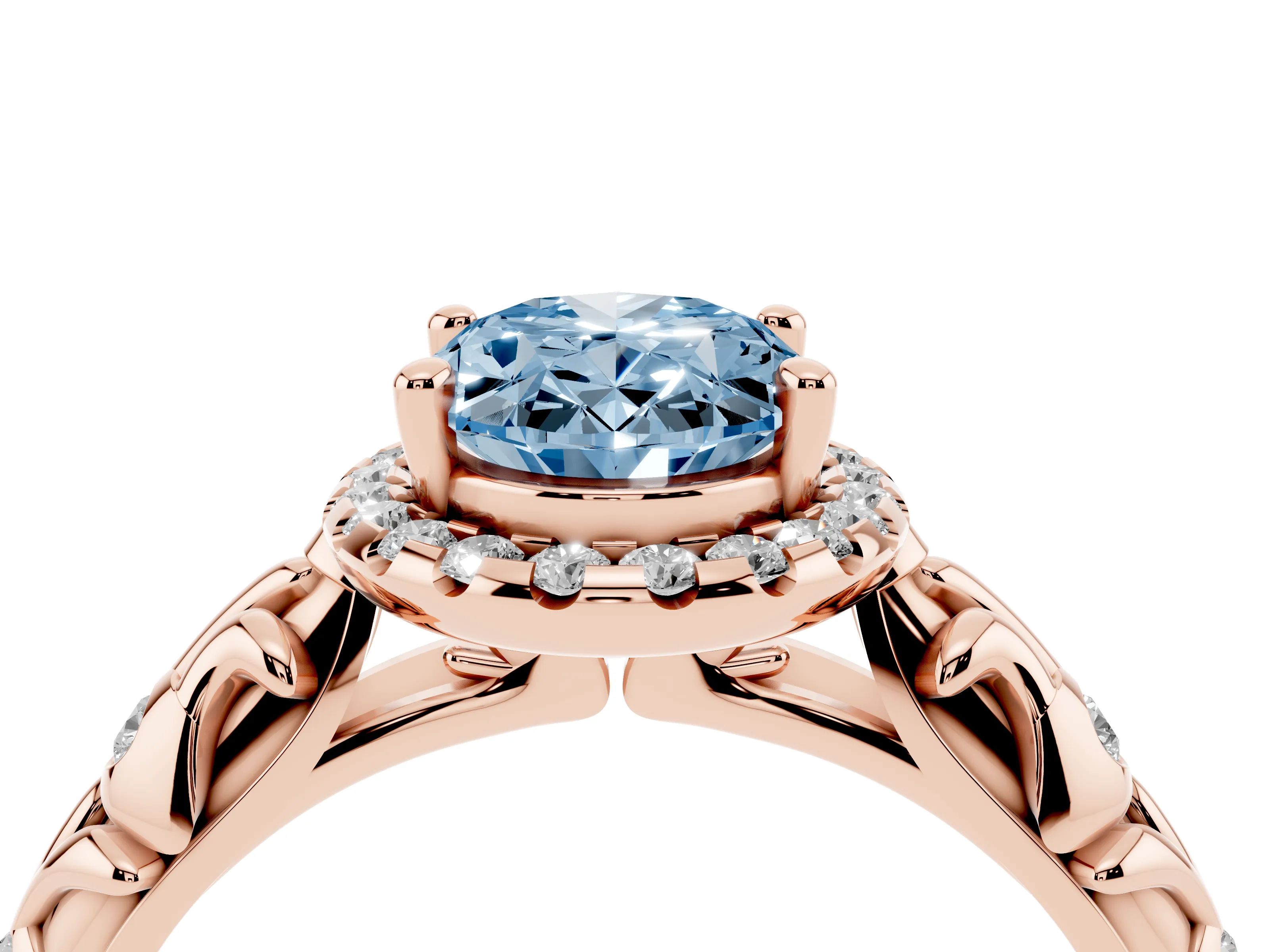 Fancy Blue Oval Cut Diamond Halo Ring Set in Rose gold with Filigree Leaf Band and Prong Setting