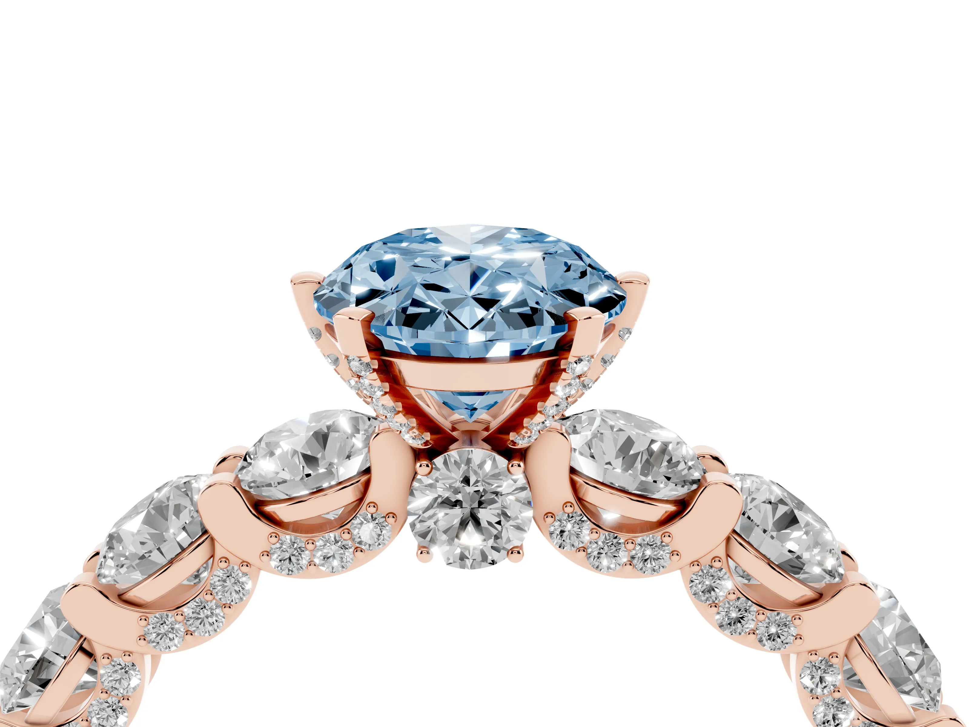 Fancy Blue Oval Cut Diamond Side Stone Ring Set in Rose gold with Alternating Round and Oval Side Stones