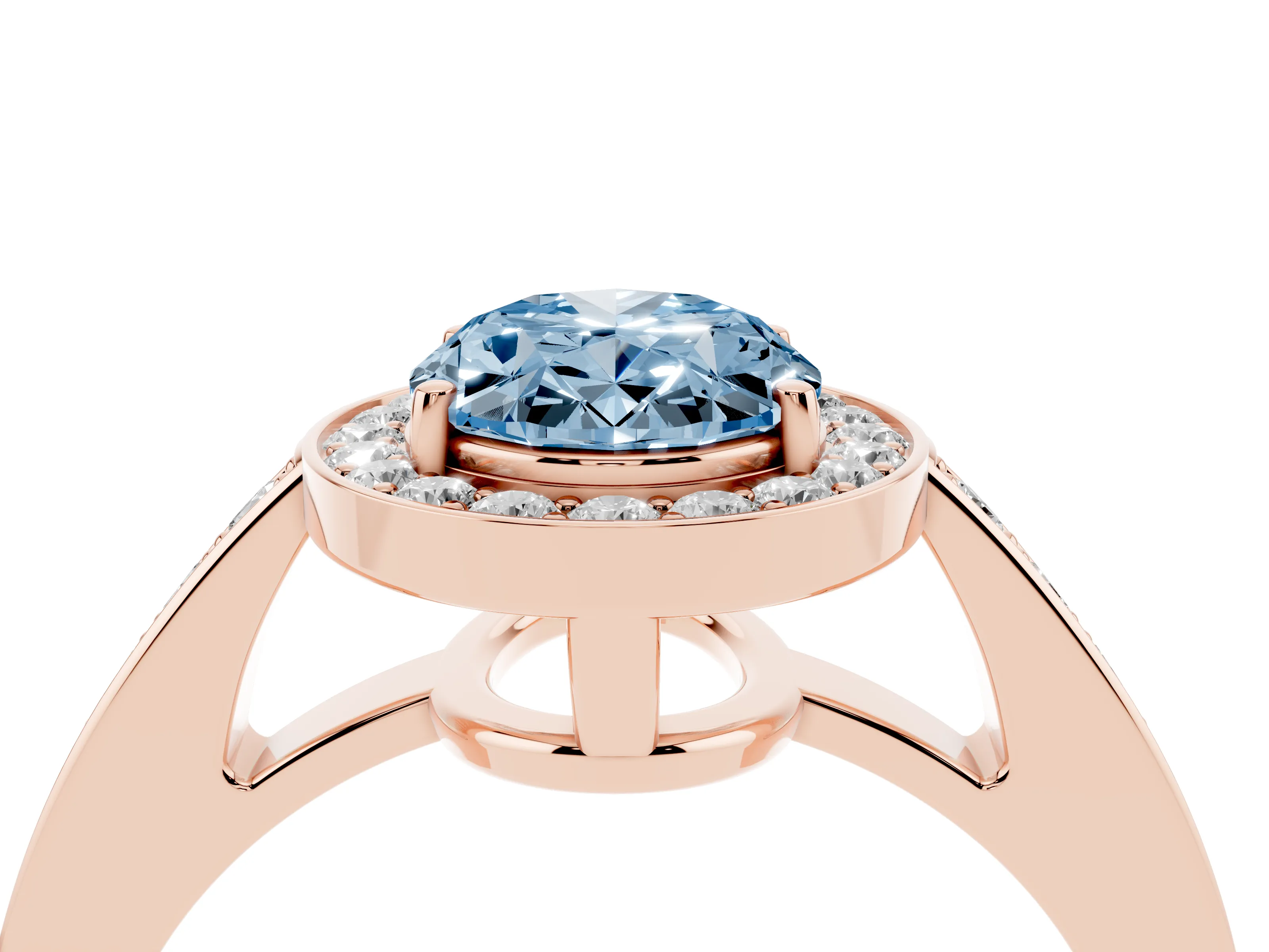 Fancy Blue Oval Cut Diamond Halo Pavé Engagement Ring Set in Rose gold with Bezel Setting