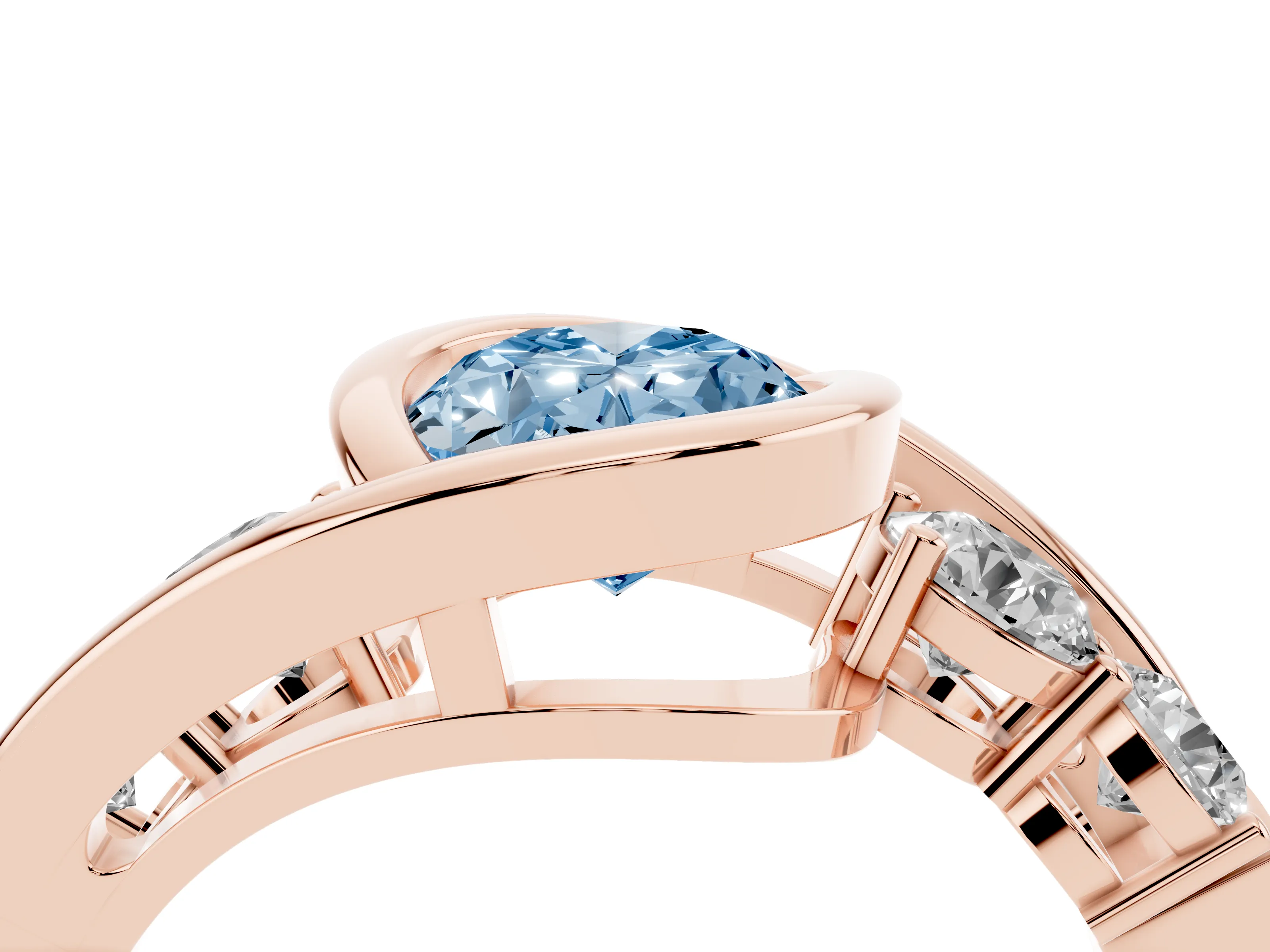 Fancy Blue Oval Cut Diamond Bezel Bypass Ring Set in Rose gold with Round Accents