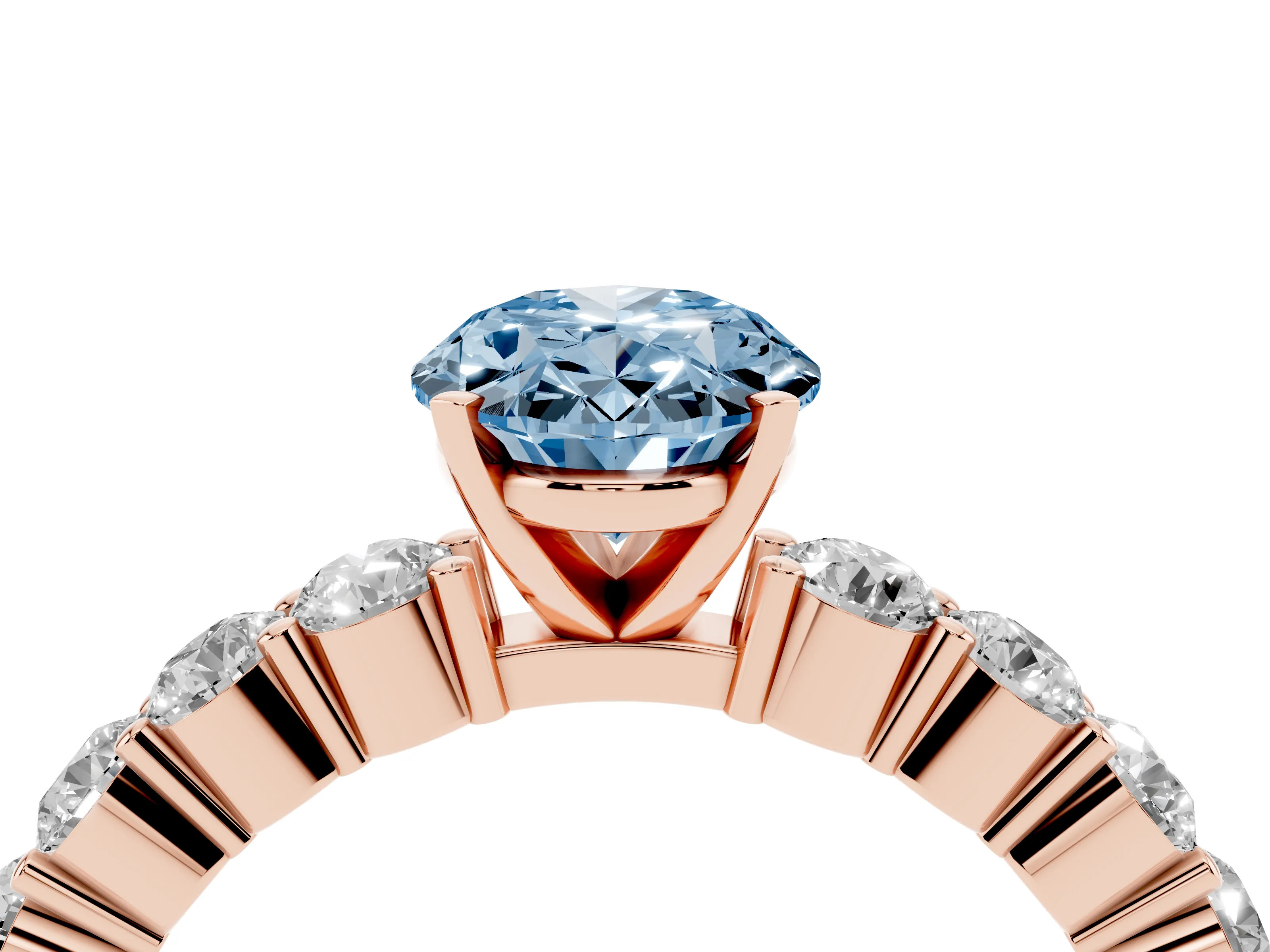 Fancy Blue Oval Cut Diamond Solitaire Ring Set in Rose gold with Shared Prong Round Side Stones