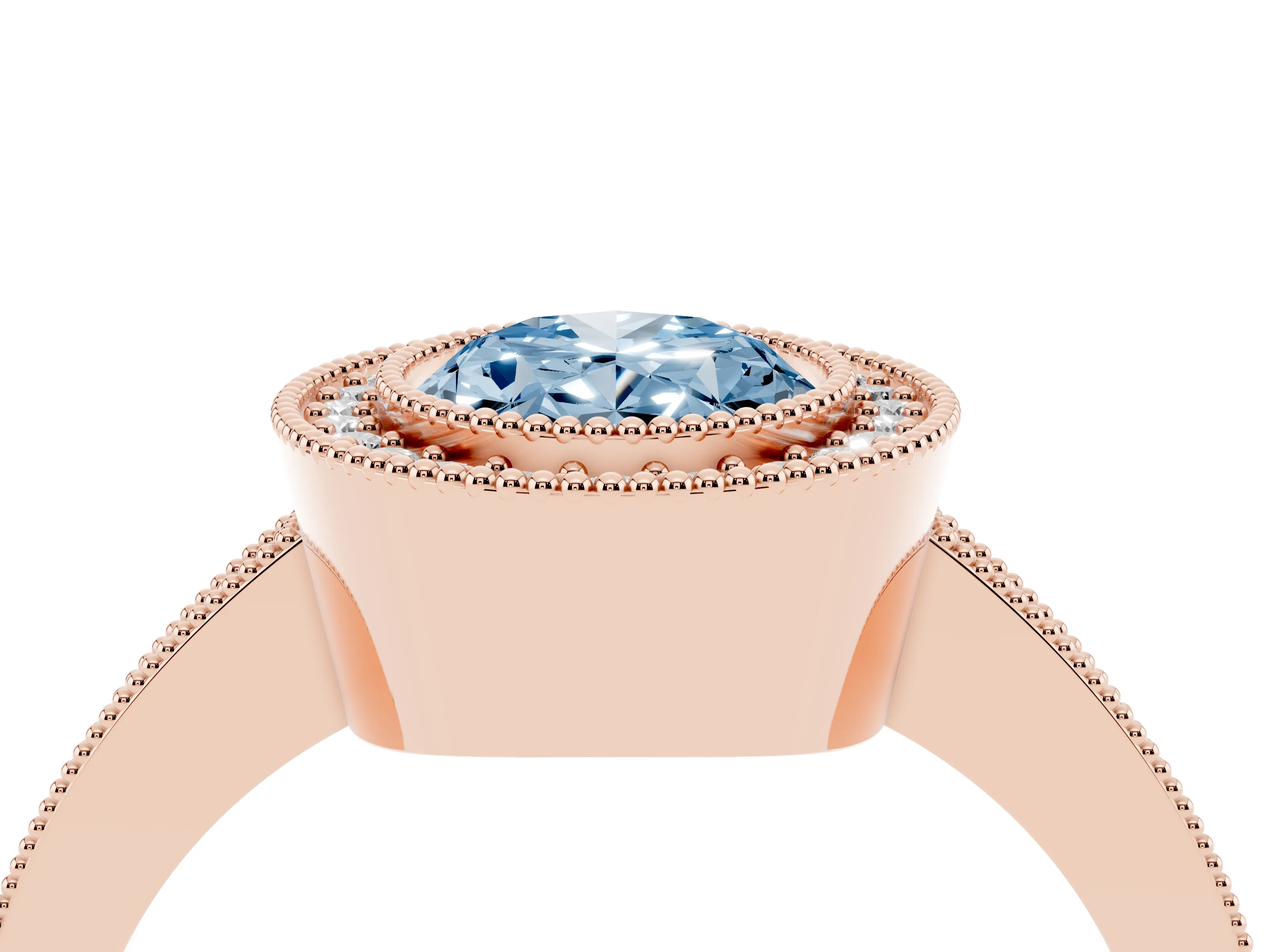 Fancy Blue Oval Cut Diamond Halo Engagement Ring Set in Rose gold with Pavé Band and Round Halo Stones