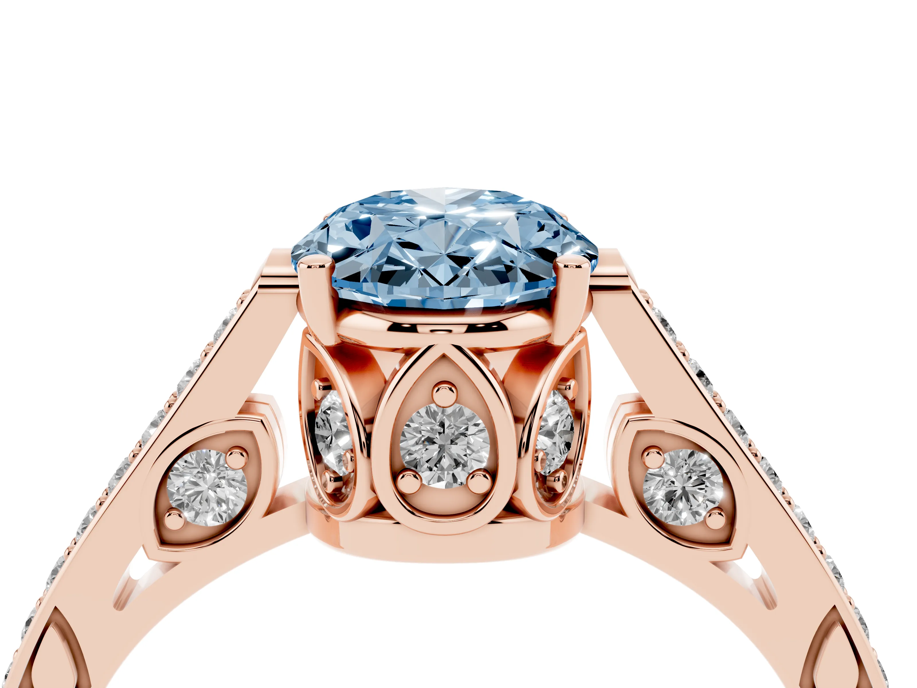 Fancy Blue Oval Cut Diamond Cathedral Pavé Engagement Ring Set in Rose gold with Prong Setting