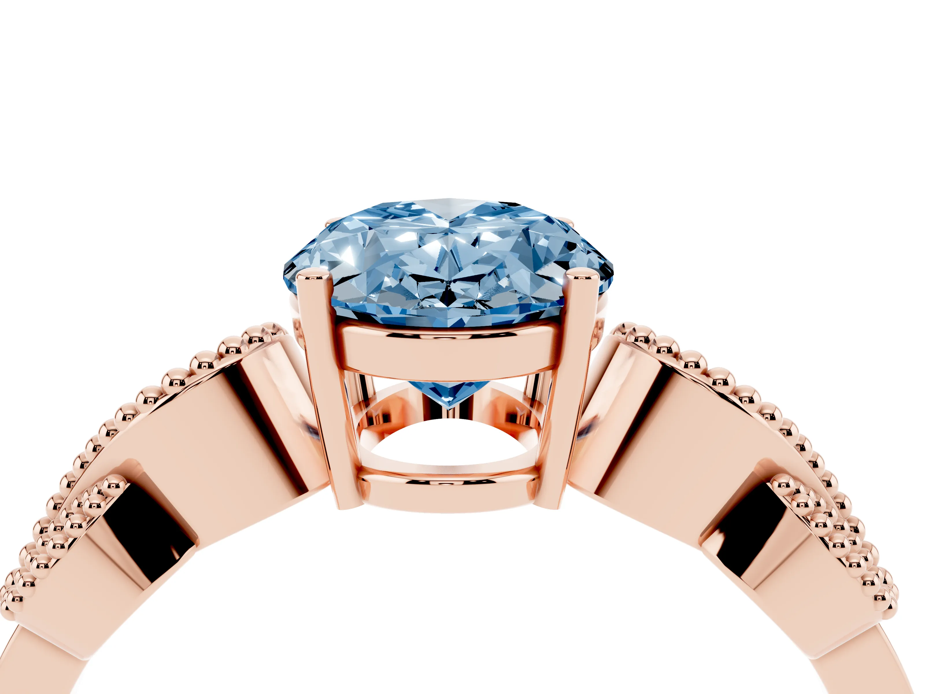 Fancy Blue Oval Cut Diamond Milgrain Leaf Band Solitaire Ring Set in Rose gold with Accent Stones and Prong Setting