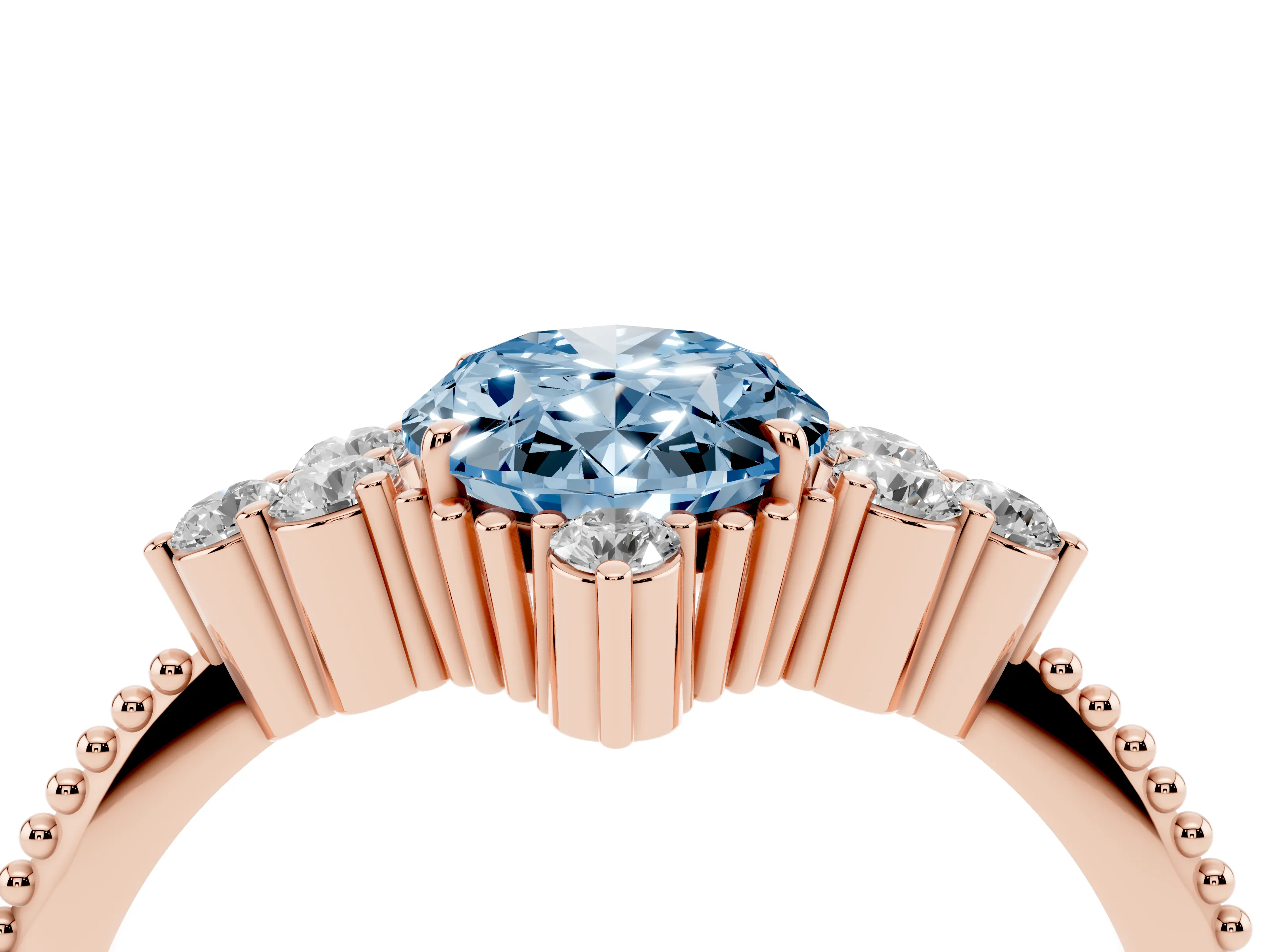 Fancy Blue Oval Cut Diamond Cluster Ring Set in Rose gold with Beaded Band