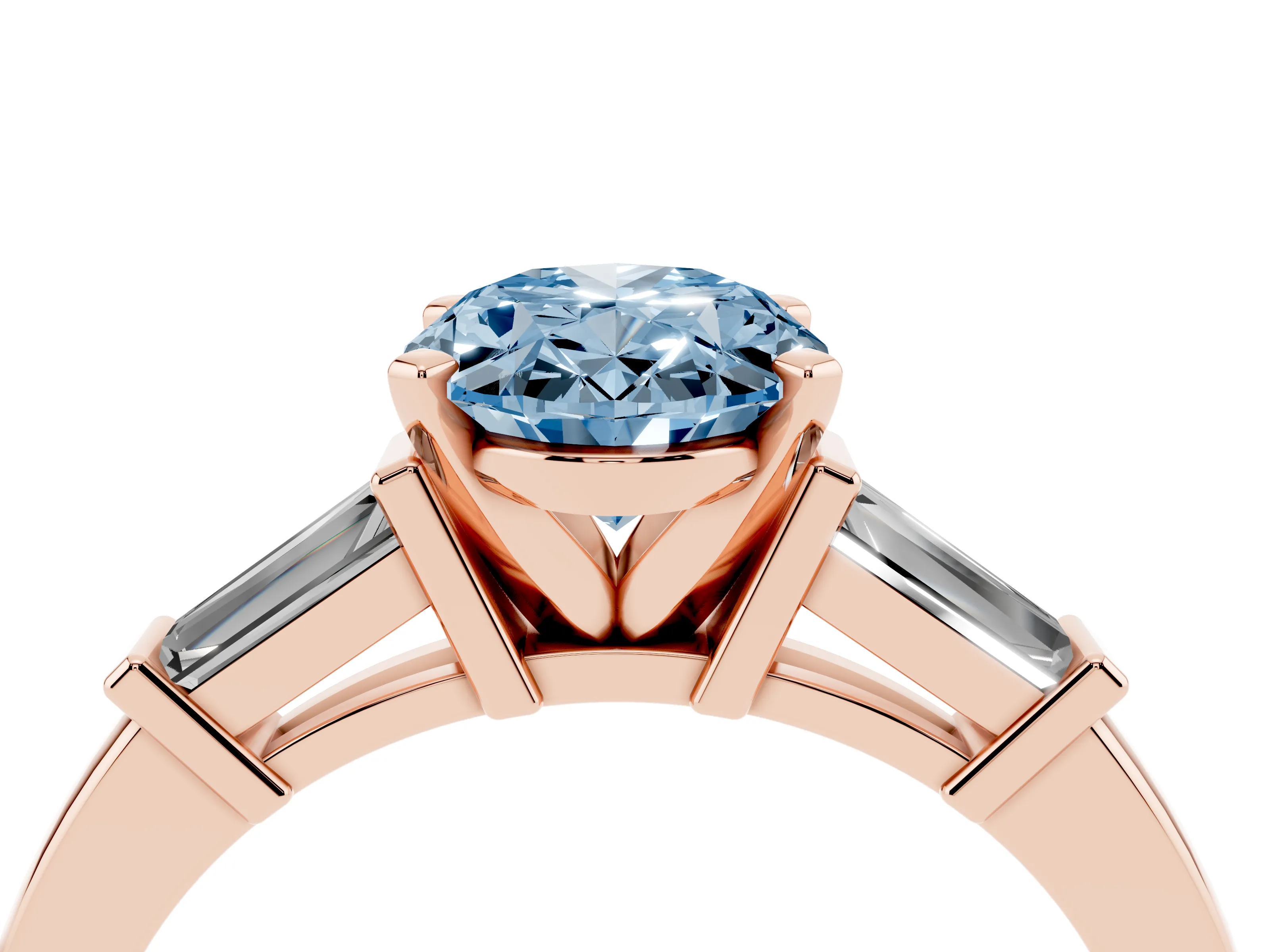 Fancy Blue Oval Cut Diamond Solitaire Ring Set in Rose gold with Tapered Baguette Accents and Prong Setting