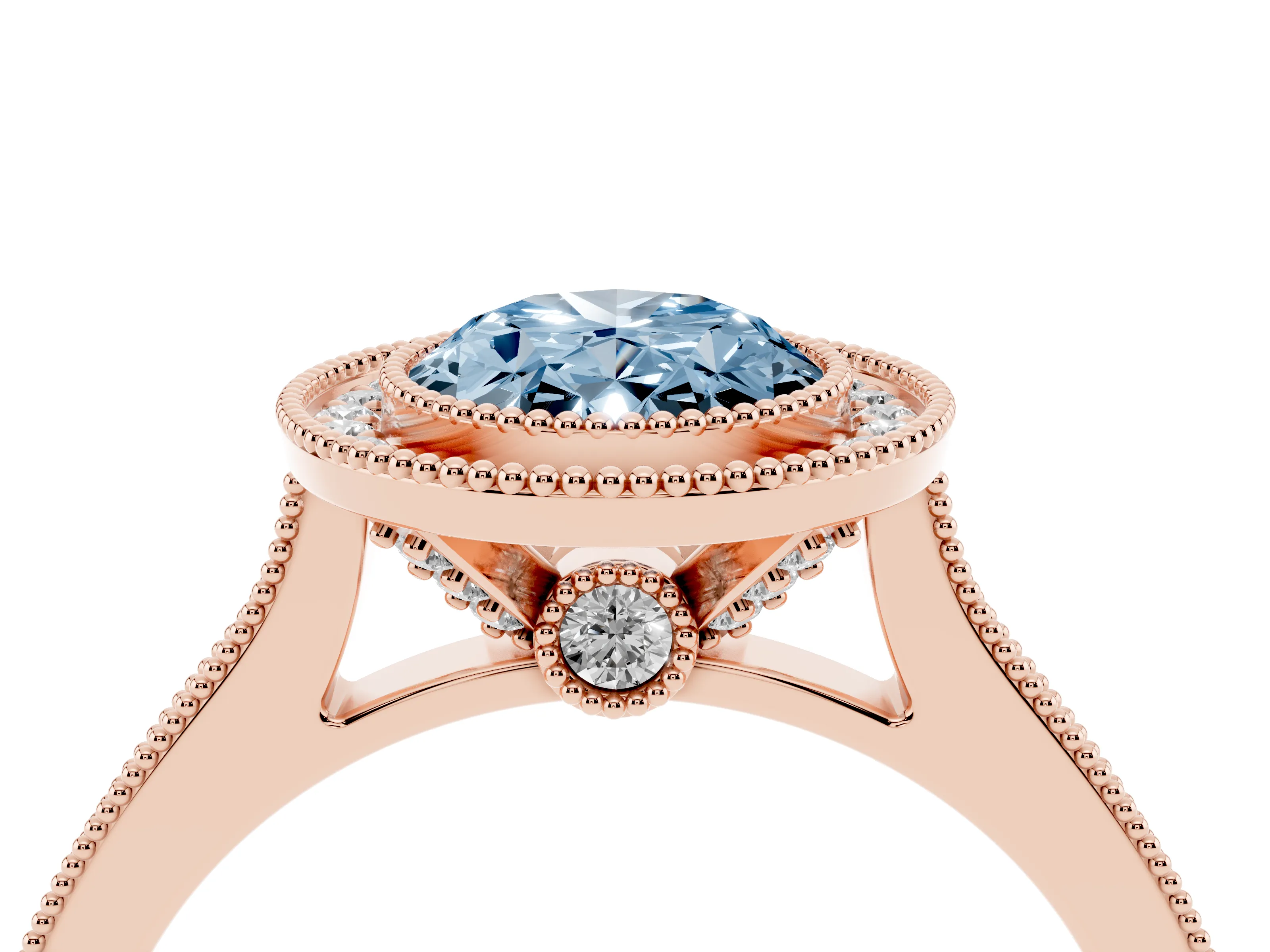 Fancy Blue Oval Cut Diamond Halo Milgrain Pavé Band Ring Set in Rose gold with Prong Setting