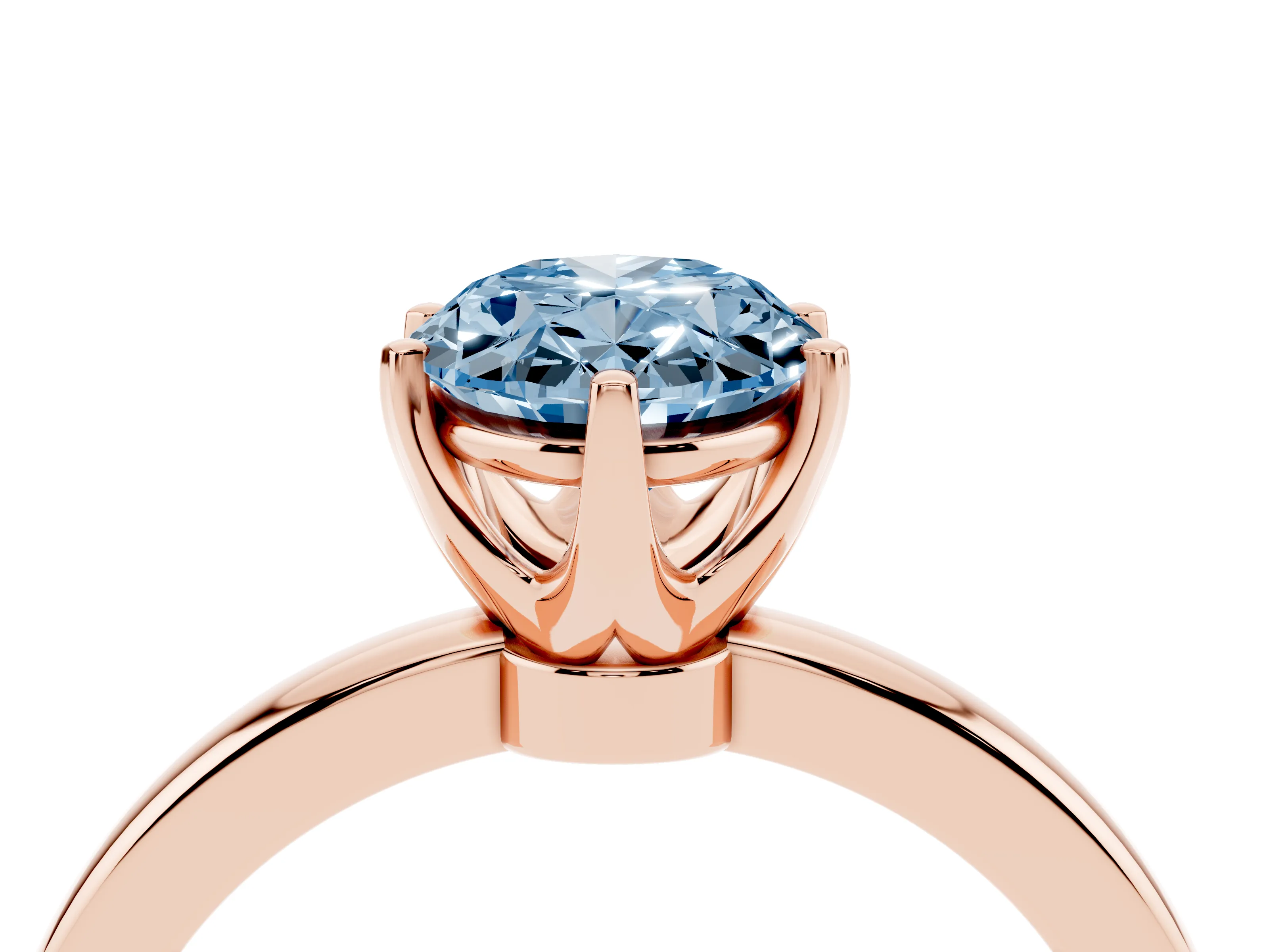 Fancy Blue Oval Cut Diamond Solitaire Ring Set in Rose gold with Raised Prong Setting on a Classic Band