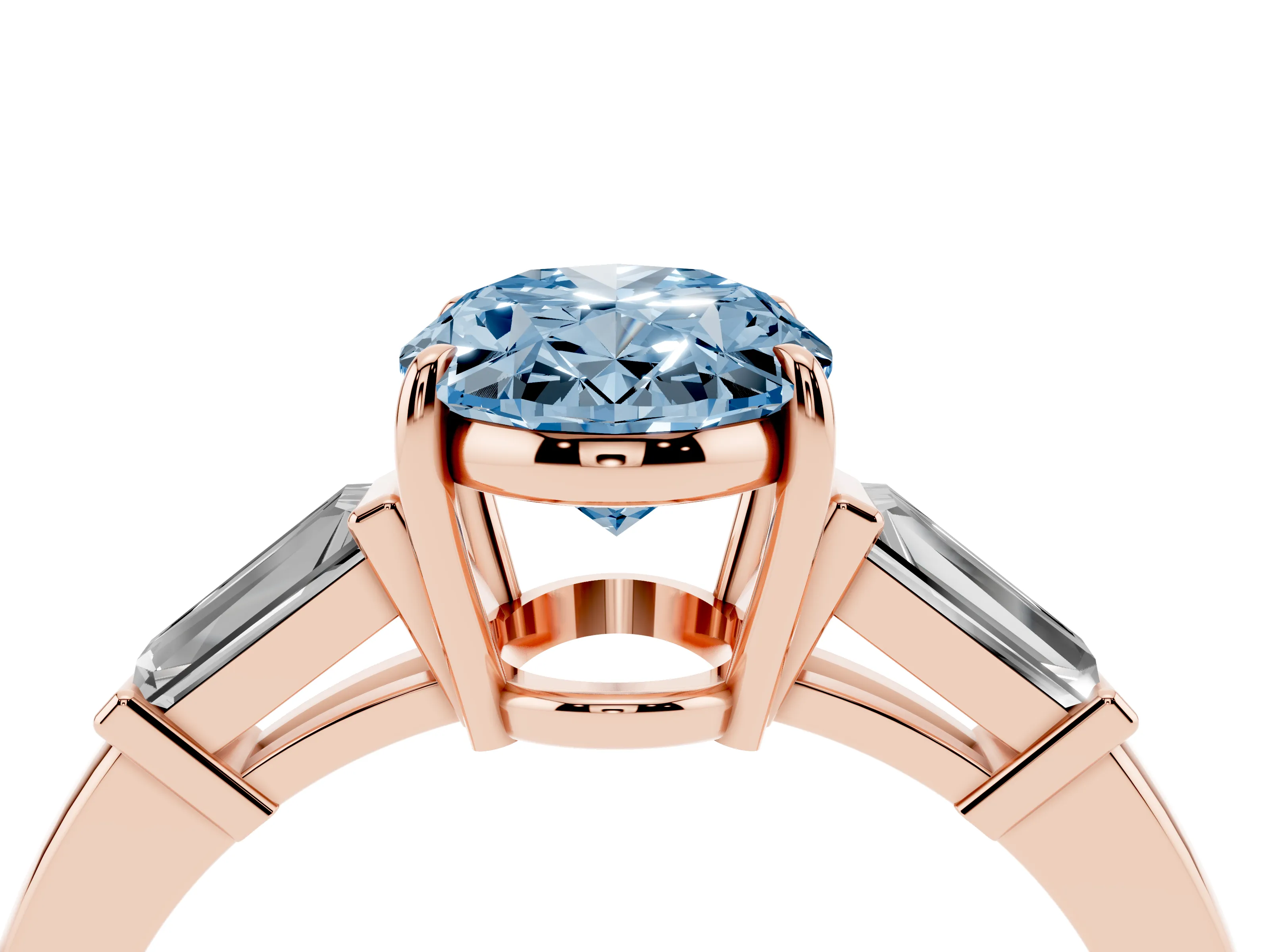 Fancy Blue Oval Cut Diamond Three-Stone Ring Set in Rose gold with Tapered Baguette Side Stones and Prong Setting
