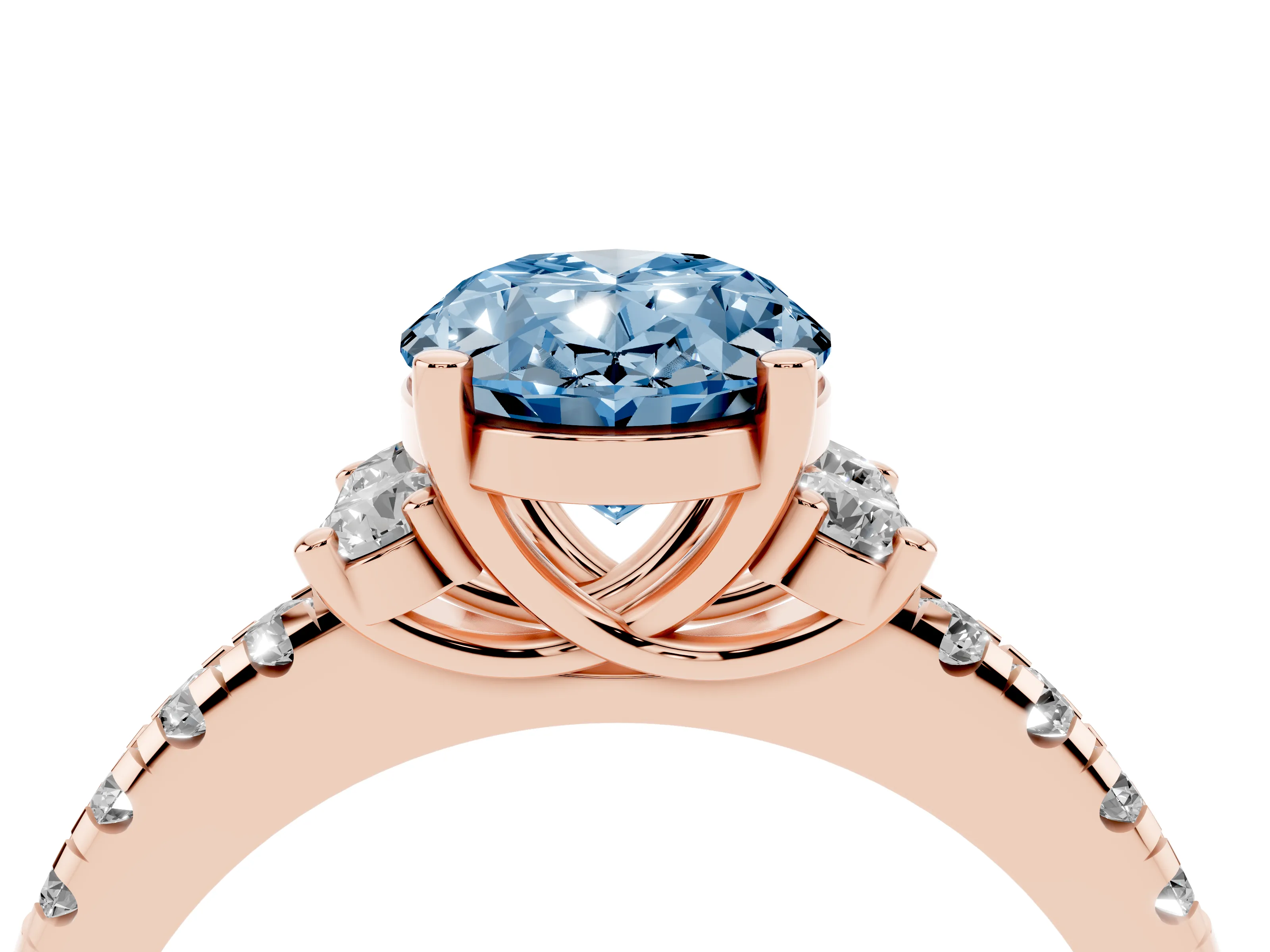 Fancy Blue Oval Cut Diamond Three-Stone Pavé Ring Set in Rose gold with Prong Setting