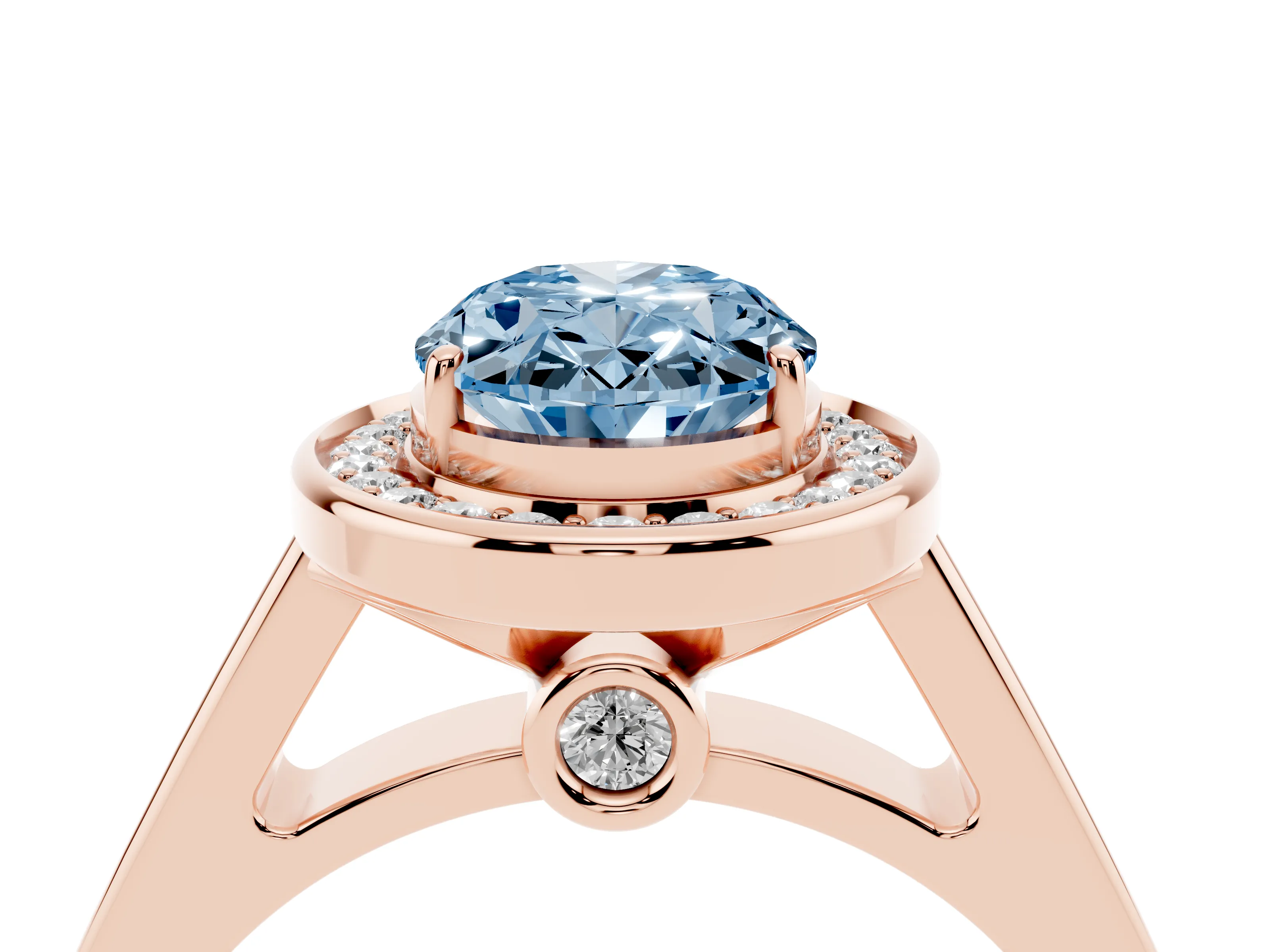 Fancy Blue Oval Cut Diamond Halo Solitaire Ring Set in Rose gold with Pavé Band and Bezel Setting