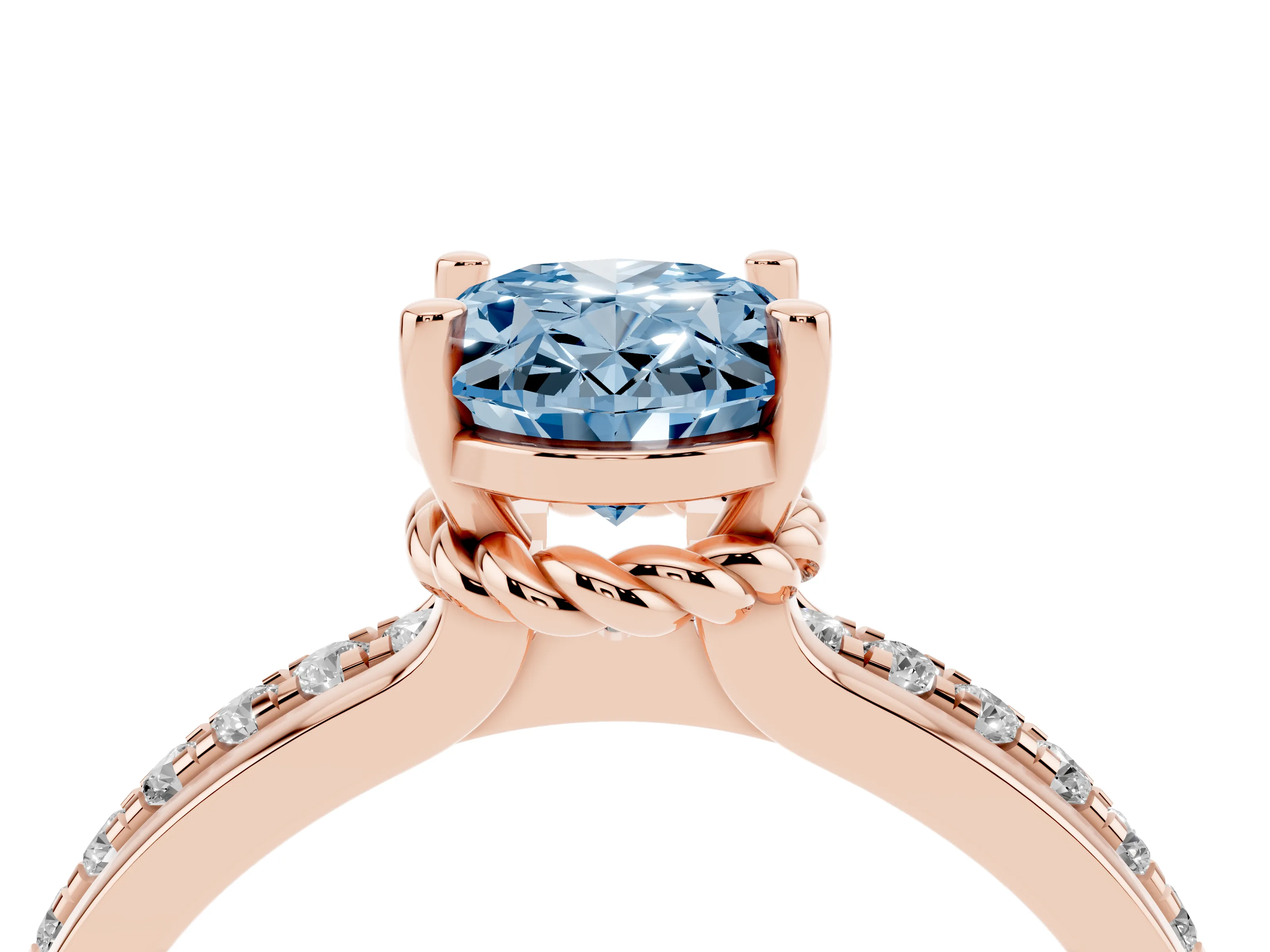 Fancy Blue Oval Cut Diamond Solitaire Ring Set in Rose gold with Channel Set Band and Prong Setting