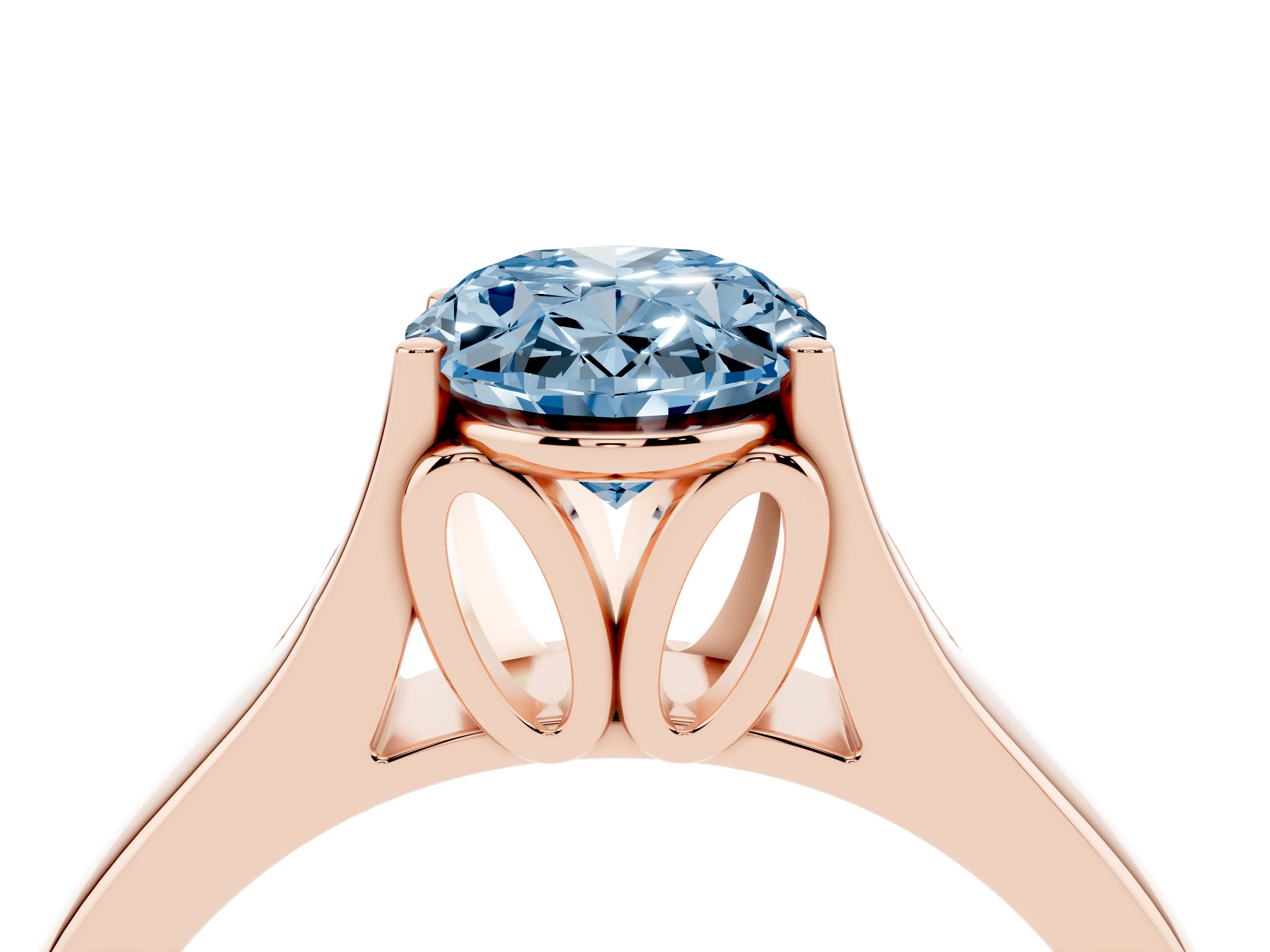Fancy Blue Oval Cut Diamond Solitaire Ring Set in Rose gold with Arched Cathedral Band and Prong Setting