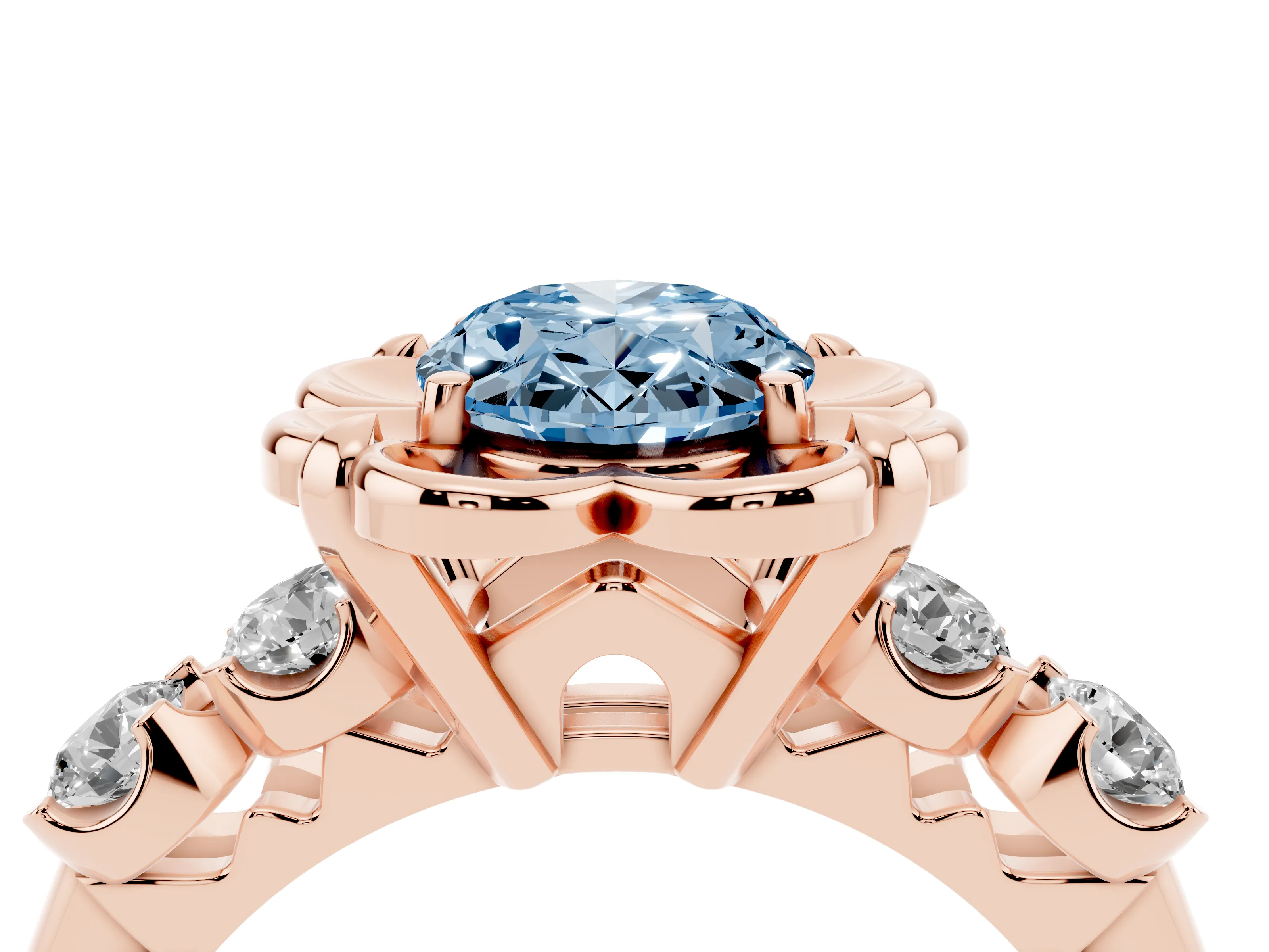 Fancy Blue Oval Cut Diamond Floral Halo Ring Set in Rose gold with Shared Prong Band