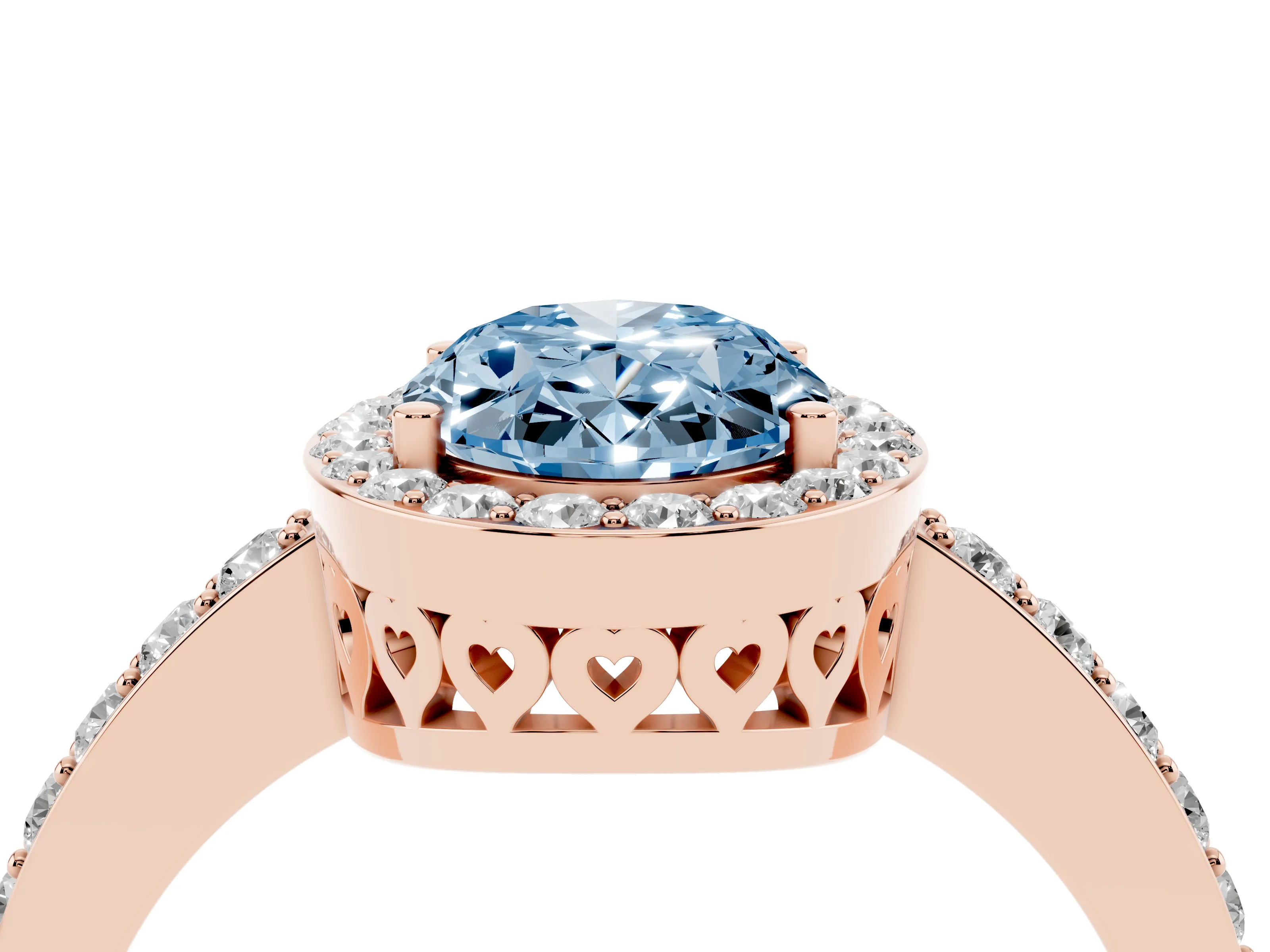 Fancy Blue Oval Cut Diamond Halo Ring Set in Rose gold with Pavé-Setting Band and Open Prong Center