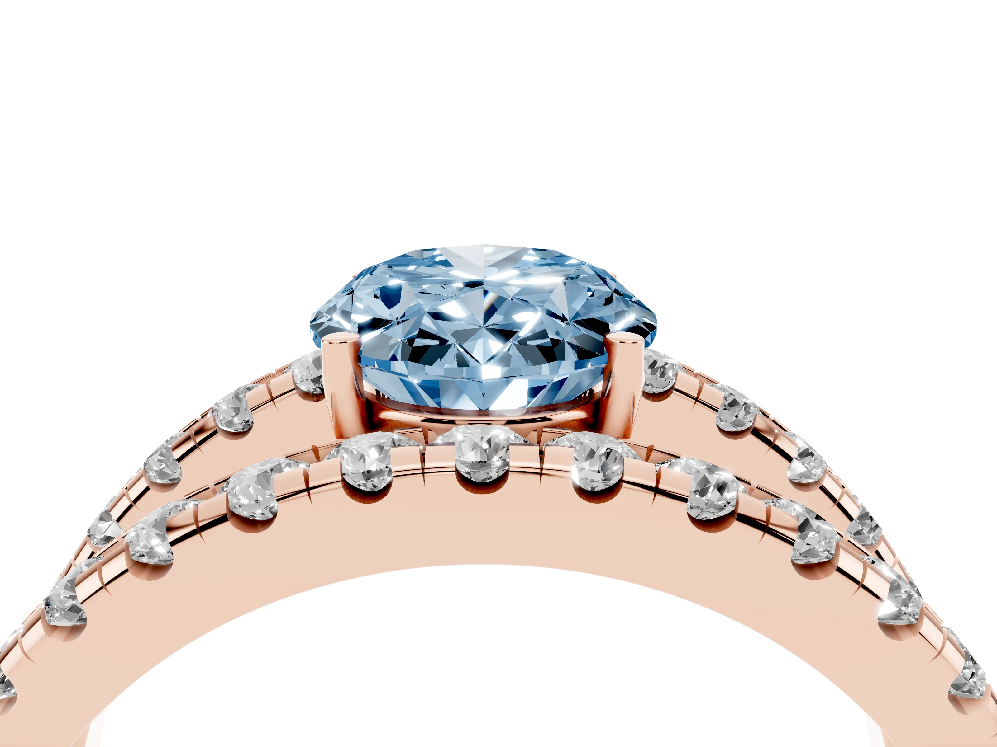 Fancy Blue Oval Cut Diamond Split Shank Pavé Solitaire Ring Set in Rose gold with Open Shank Design