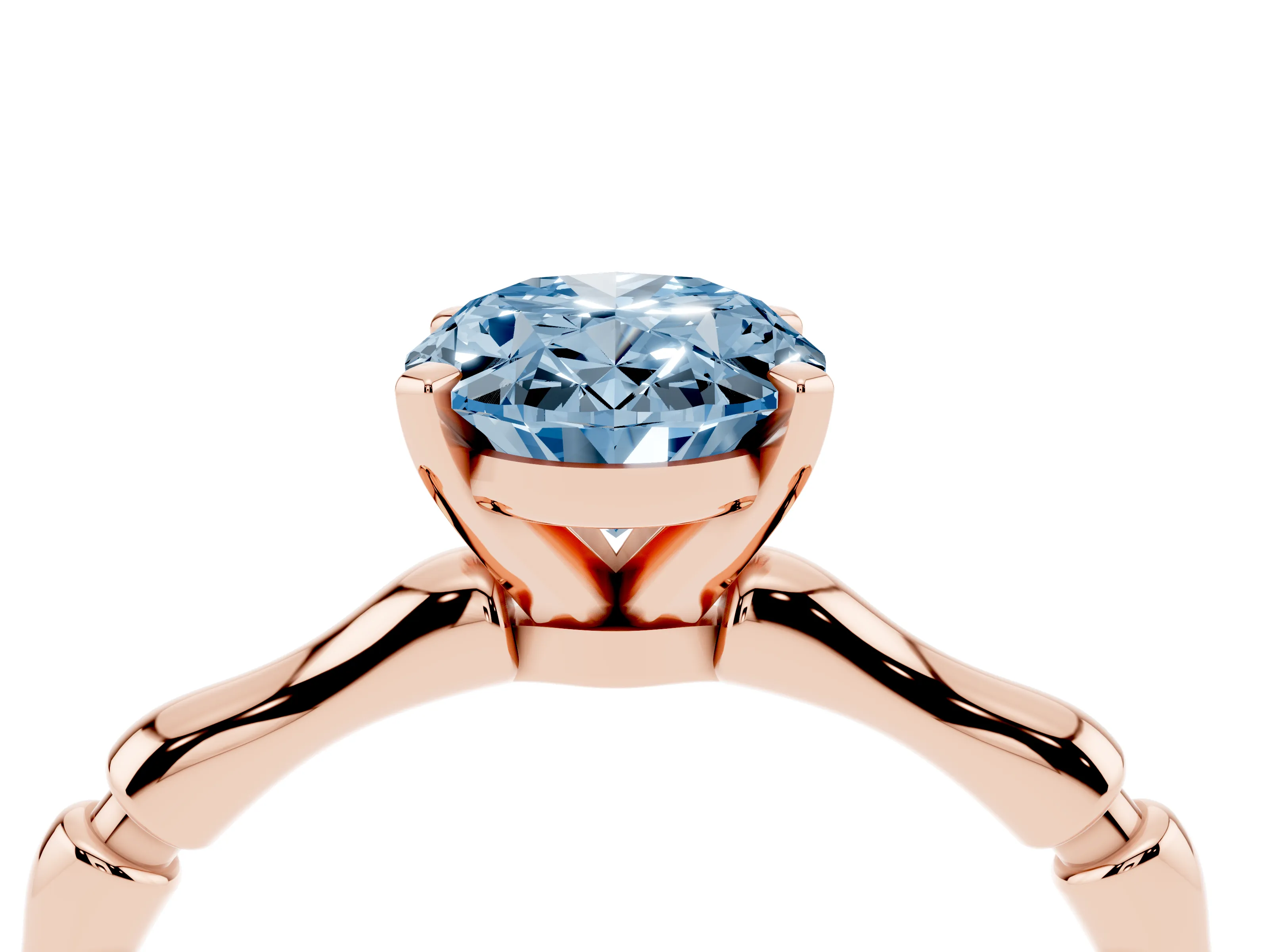 Fancy Blue Oval Cut Diamond Solitaire Ring Set in Rose gold with Bamboo Band and Prong Setting