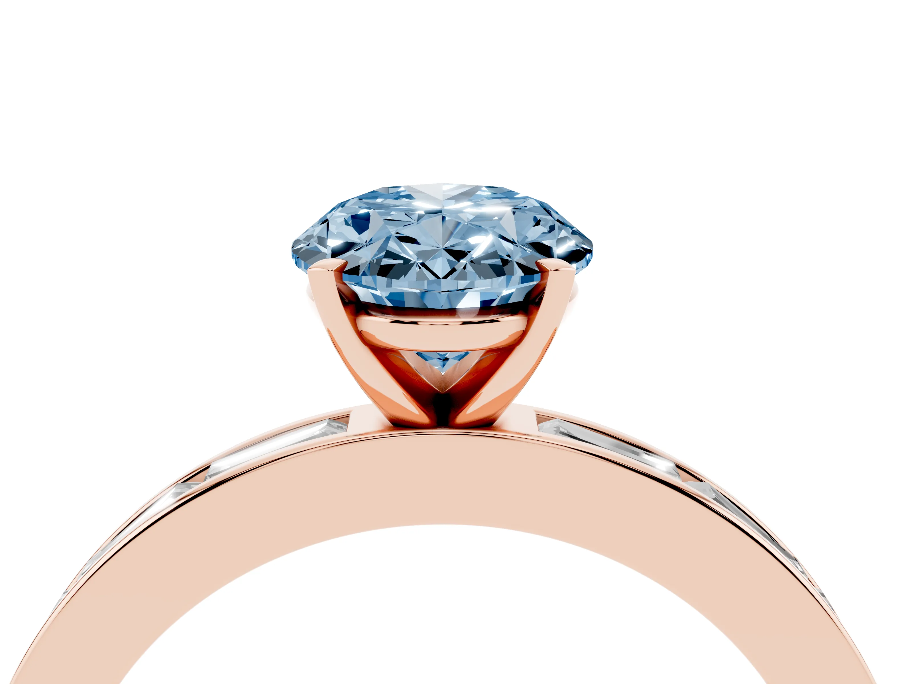 Fancy Blue Oval Cut Diamond Solitaire Ring Set in Rose gold with Channel-Set Baguette Band and Prong Setting