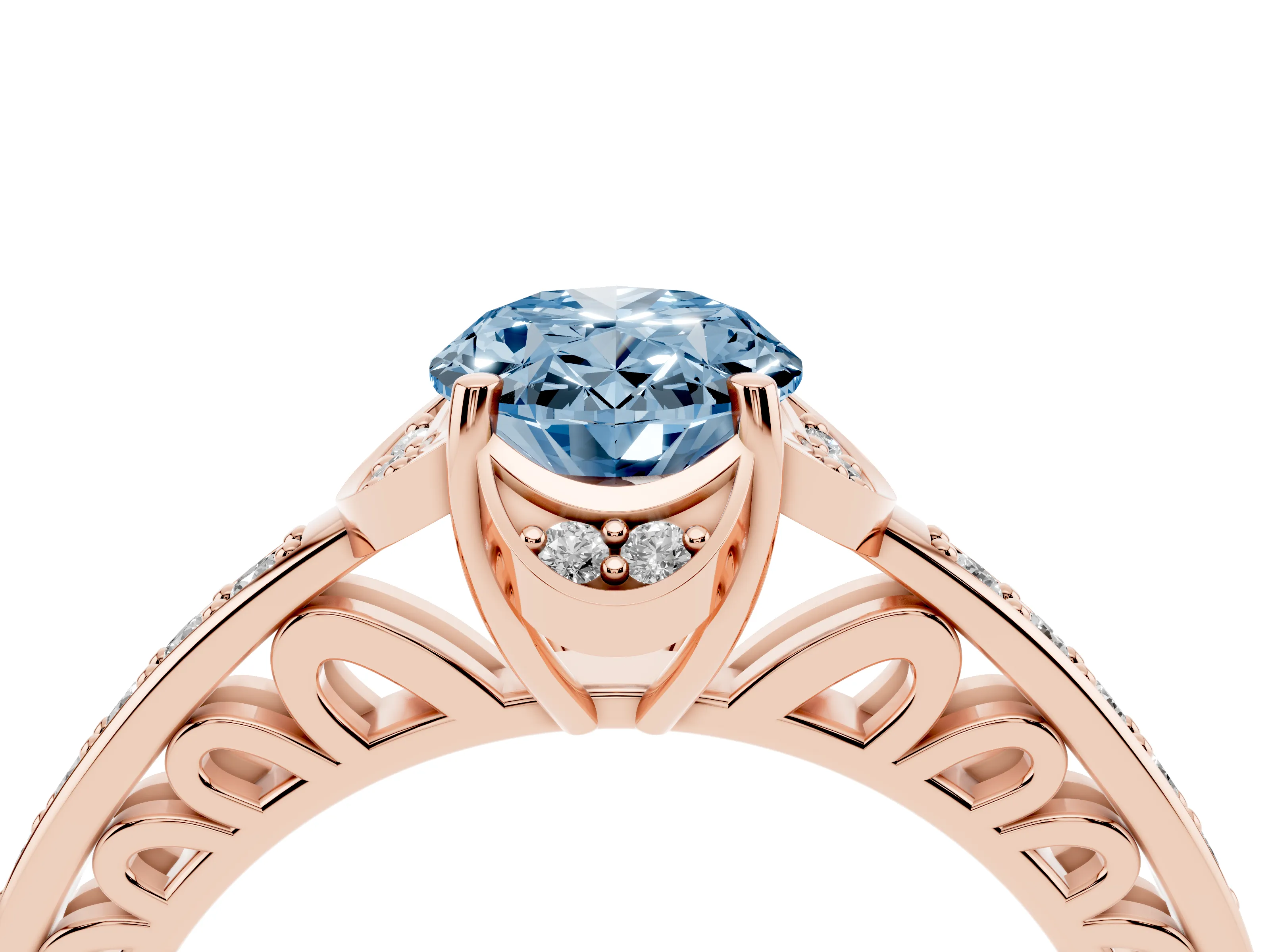 Fancy Blue Oval Cut Diamond Halo Ring Set in Rose gold with Channel Set Band and Prong Setting