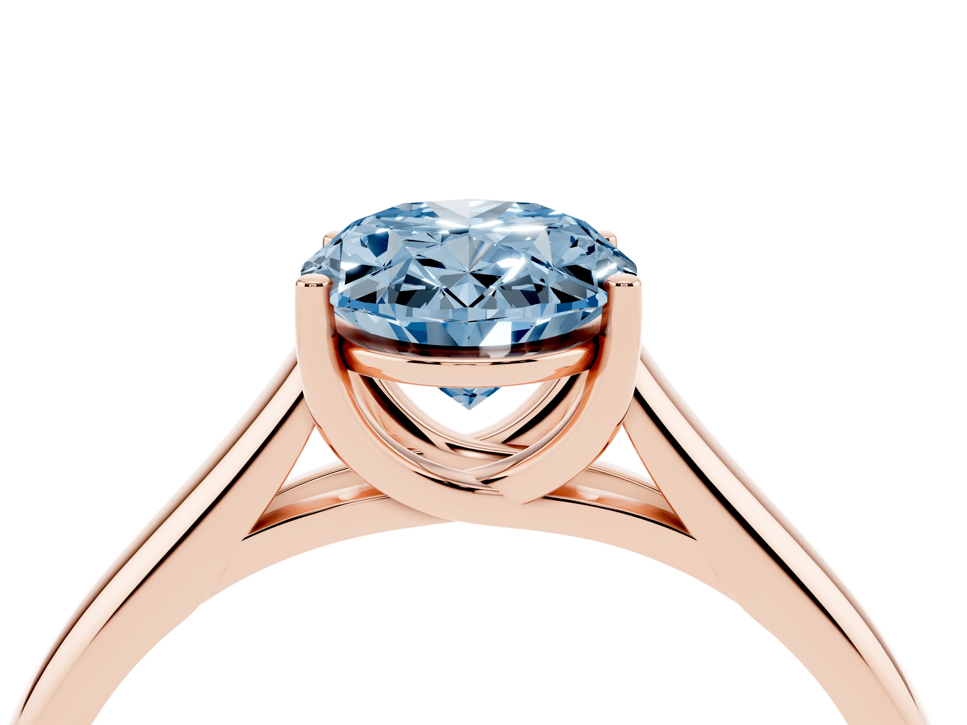 Fancy Blue Oval Cut Diamond Solitaire Engagement Ring Set in Rose gold with Subtly Tapered Band and Prong Setting