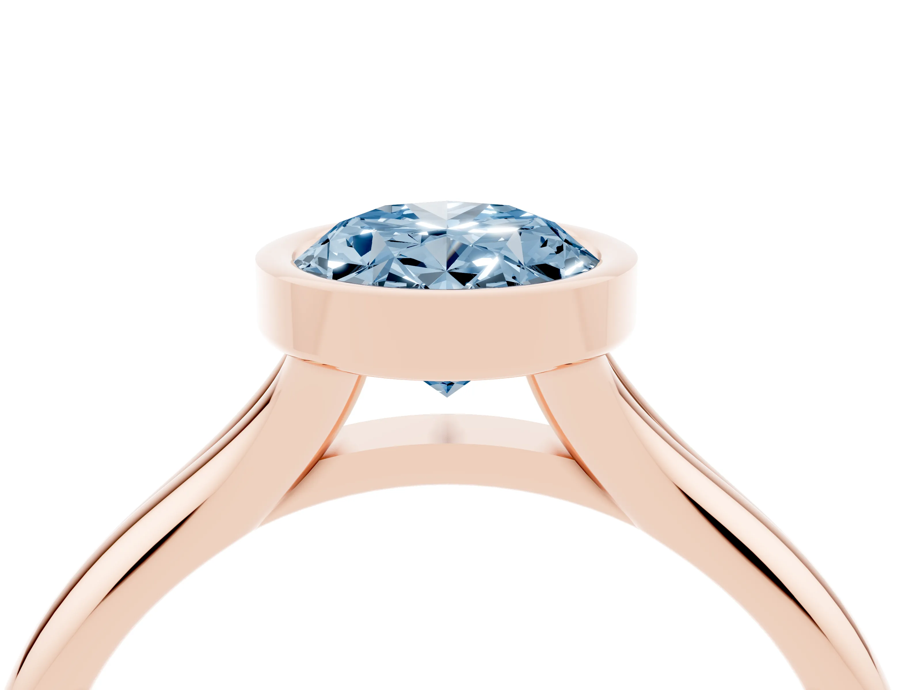 Fancy Blue Bezel Set Oval Cut Diamond Solitaire Ring Set in Rose gold with Smooth Band
