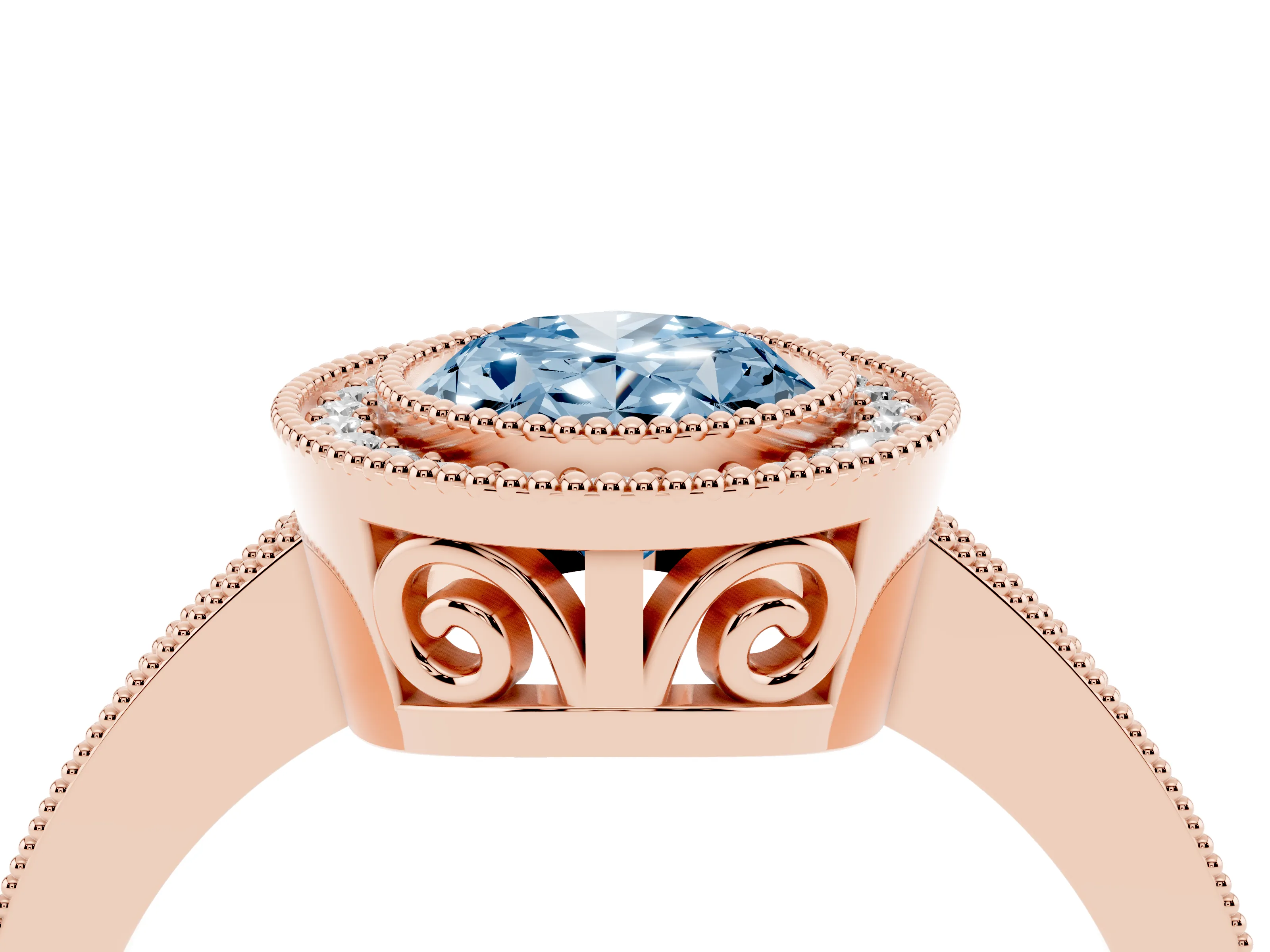 Fancy Blue Oval Cut Diamond Round Halo Ring Set in Rose gold with Pavé Band