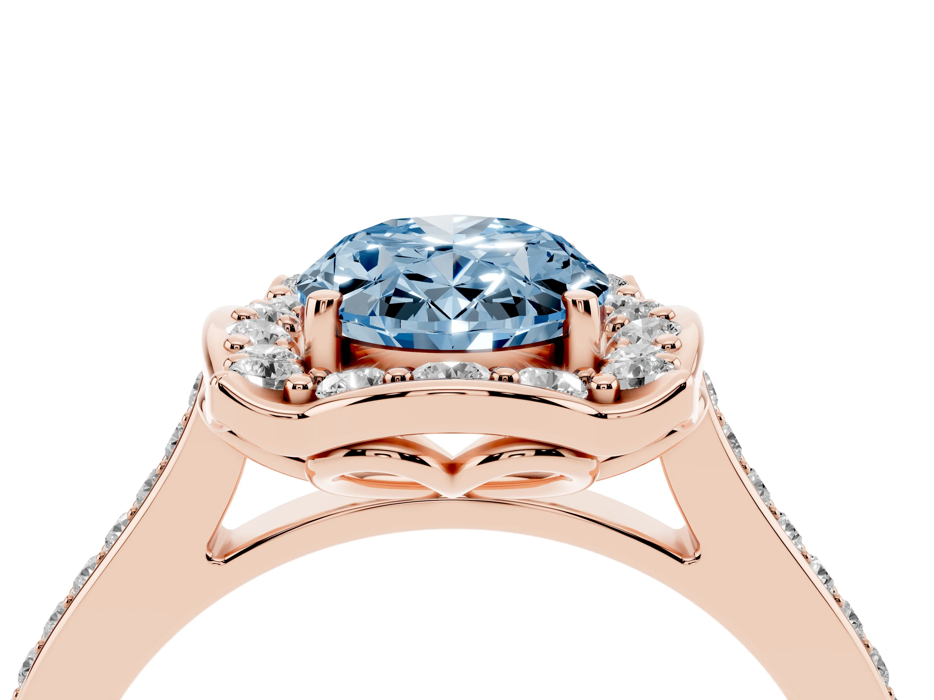 Fancy Blue Oval Cut Diamond Halo Ring Set in Rose gold with Pavé-Lined Shoulders and Prong Setting