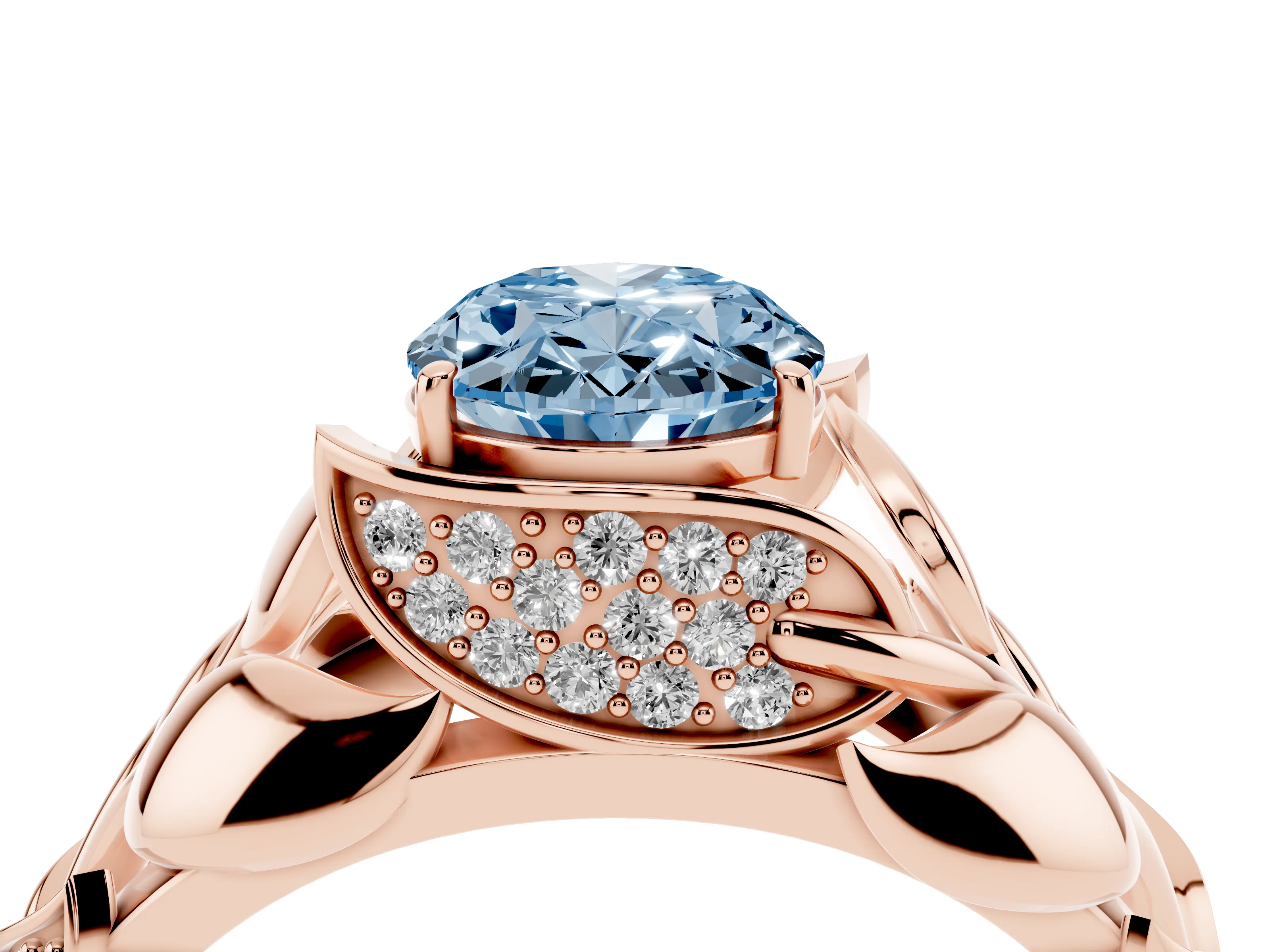 Fancy Blue Oval Cut Diamond Leaf-Inspired Engagement Ring Set in Rose gold with Round Accents