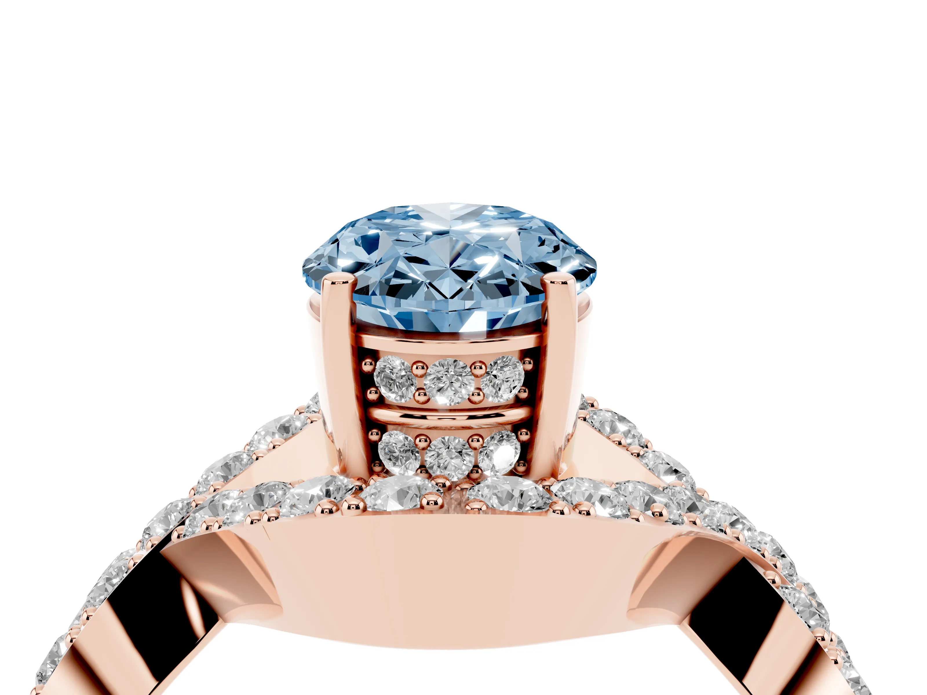 Fancy Blue Oval Cut Diamond Solitaire Twist Band Pavé Engagement Ring Set in Rose gold