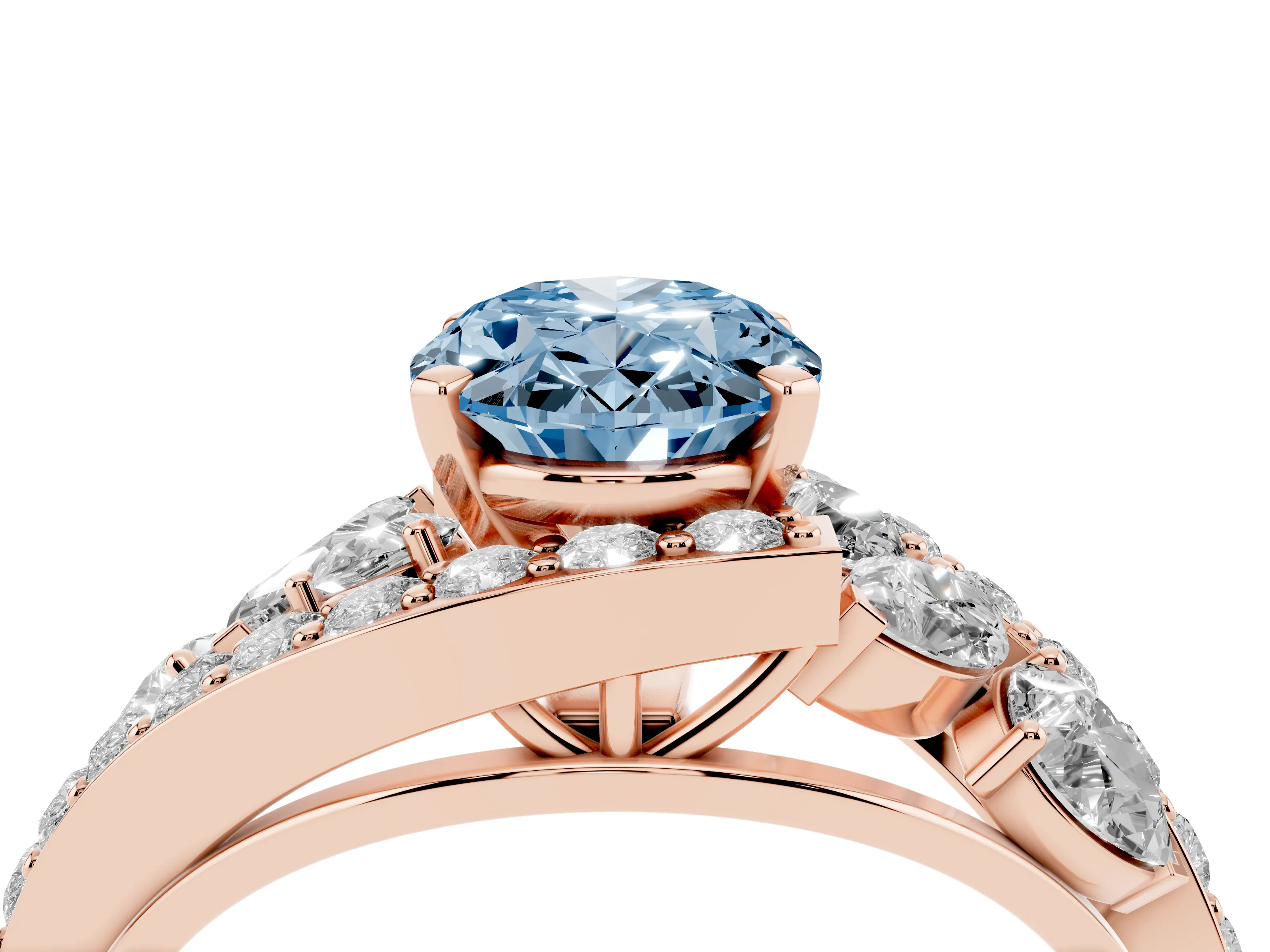 Fancy Blue Oval Cut Diamond Halo Ring Set in Rose gold with Marquise and Pavé Band in Prong Setting