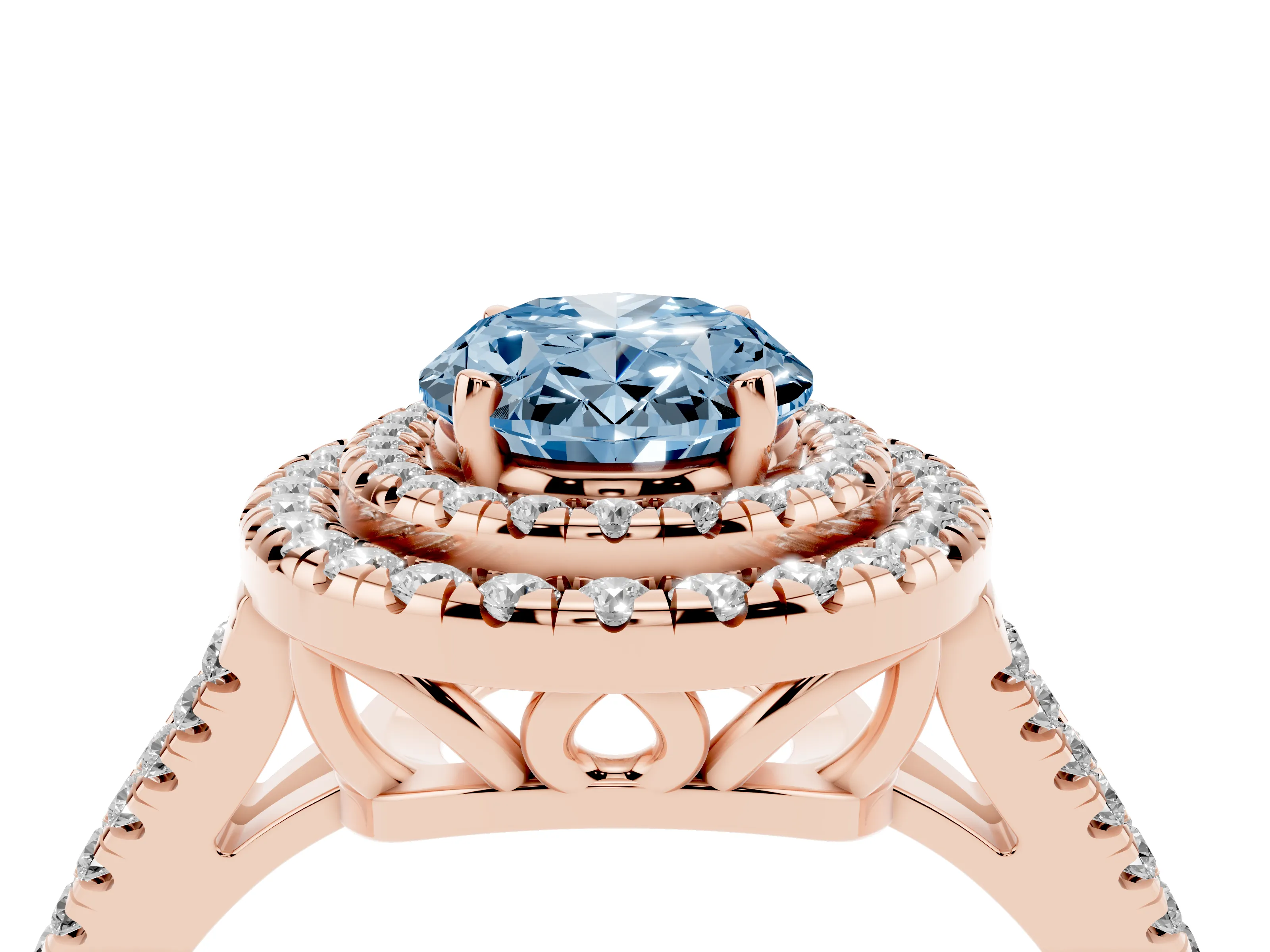 Fancy Blue Oval Cut Diamond Double Halo Ring Set in Rose gold with Pavé Band