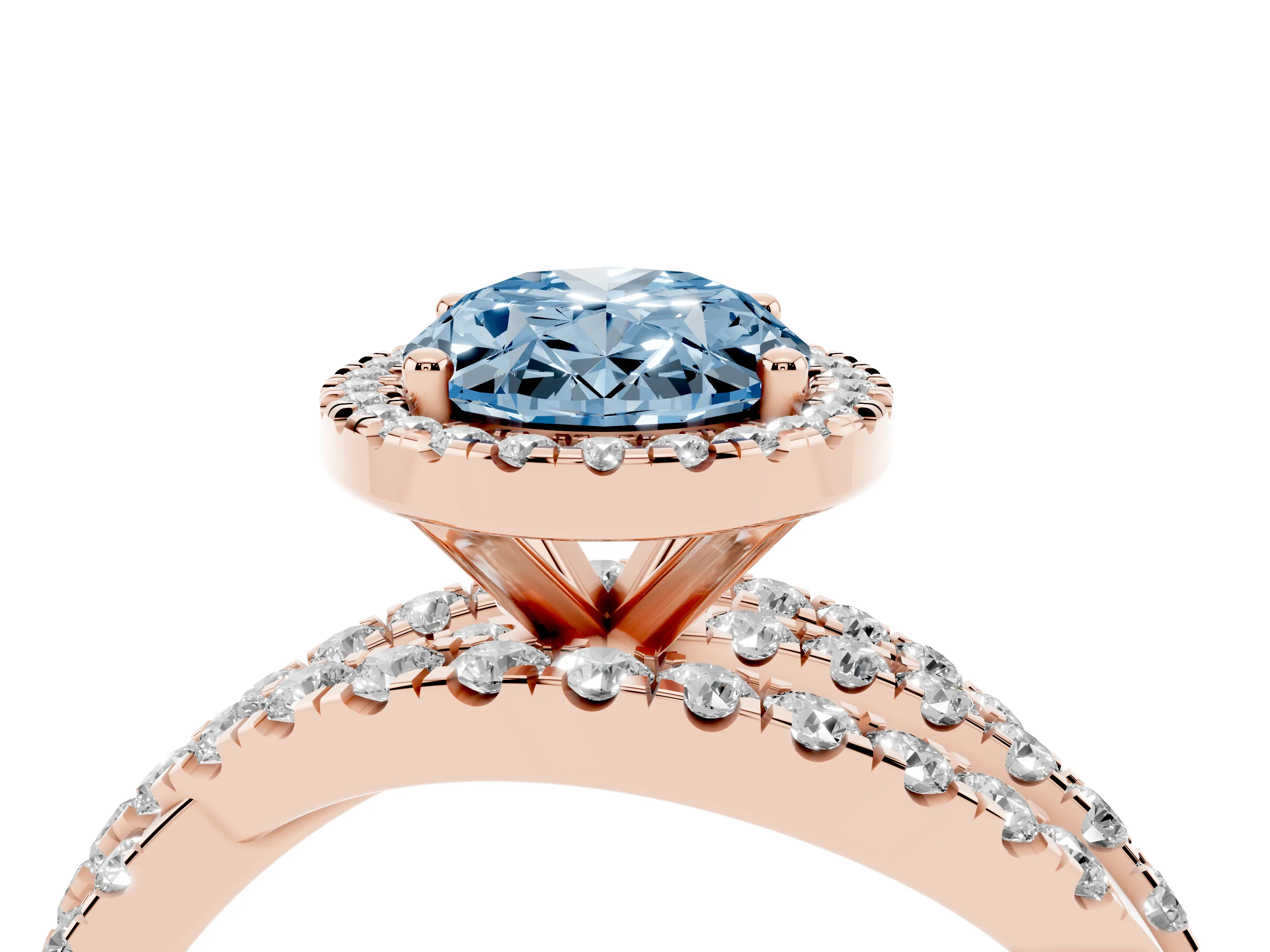 Fancy Blue Oval Cut Diamond Halo Ring Set in Rose gold with Round Crossover Split Shank and Prong Setting