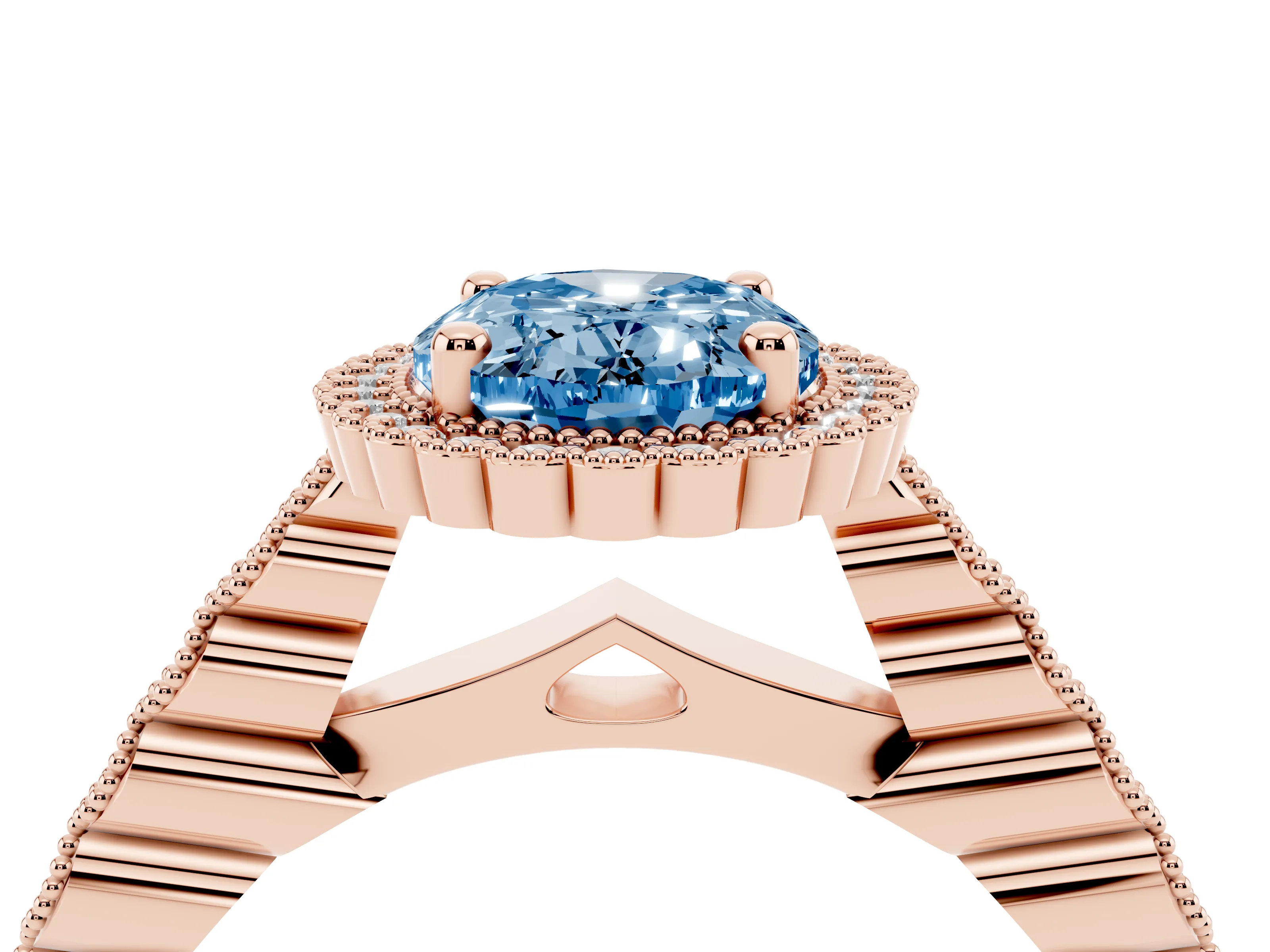 Fancy Blue Oval Cut Diamond Halo Ring Set in Rose gold with Pavé Milgrain Band