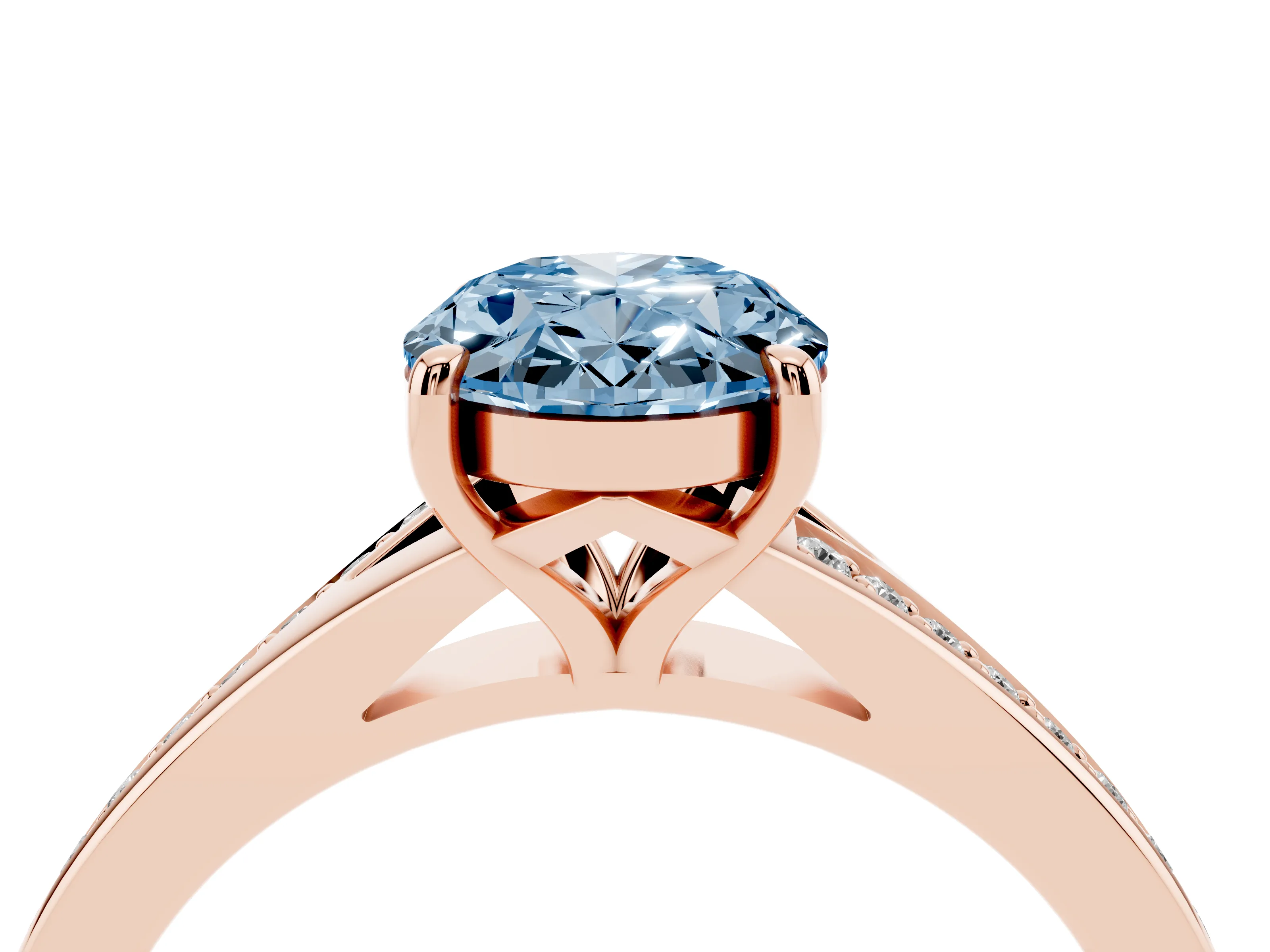 Fancy Blue Oval Cut Diamond Solitaire Ring Set in Rose gold with Pavé Accent Band and Classic Prong Setting