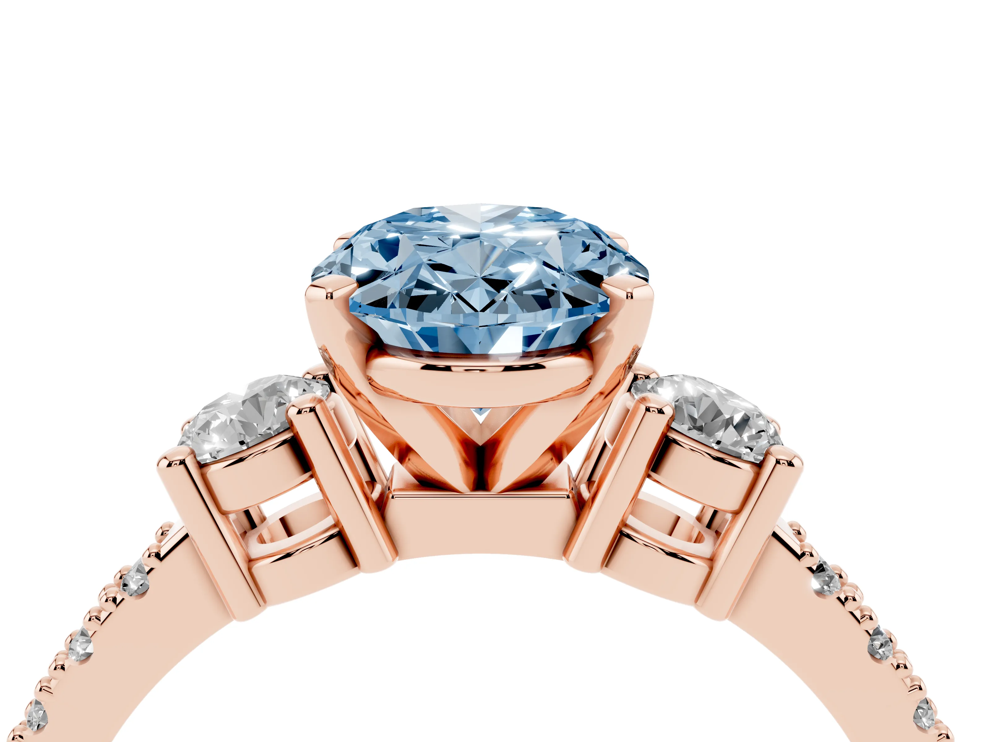 Fancy Blue Three-Stone Oval Cut Diamond Pavé Band Ring Set in Rose gold with Prong Setting
