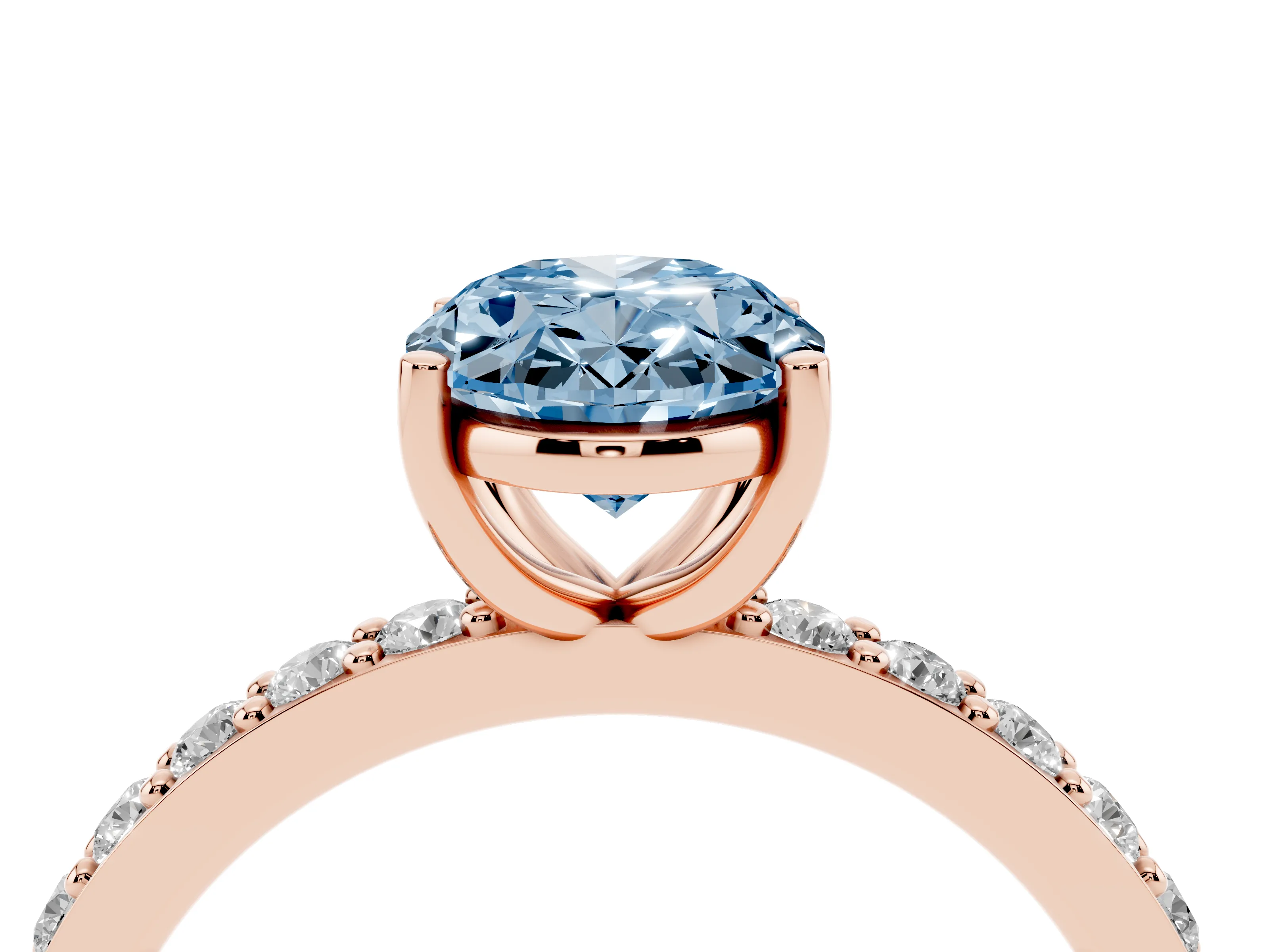 Fancy Blue Oval Cut Diamond Solitaire Set in Rose gold with Round Pavé Band and Prong Setting