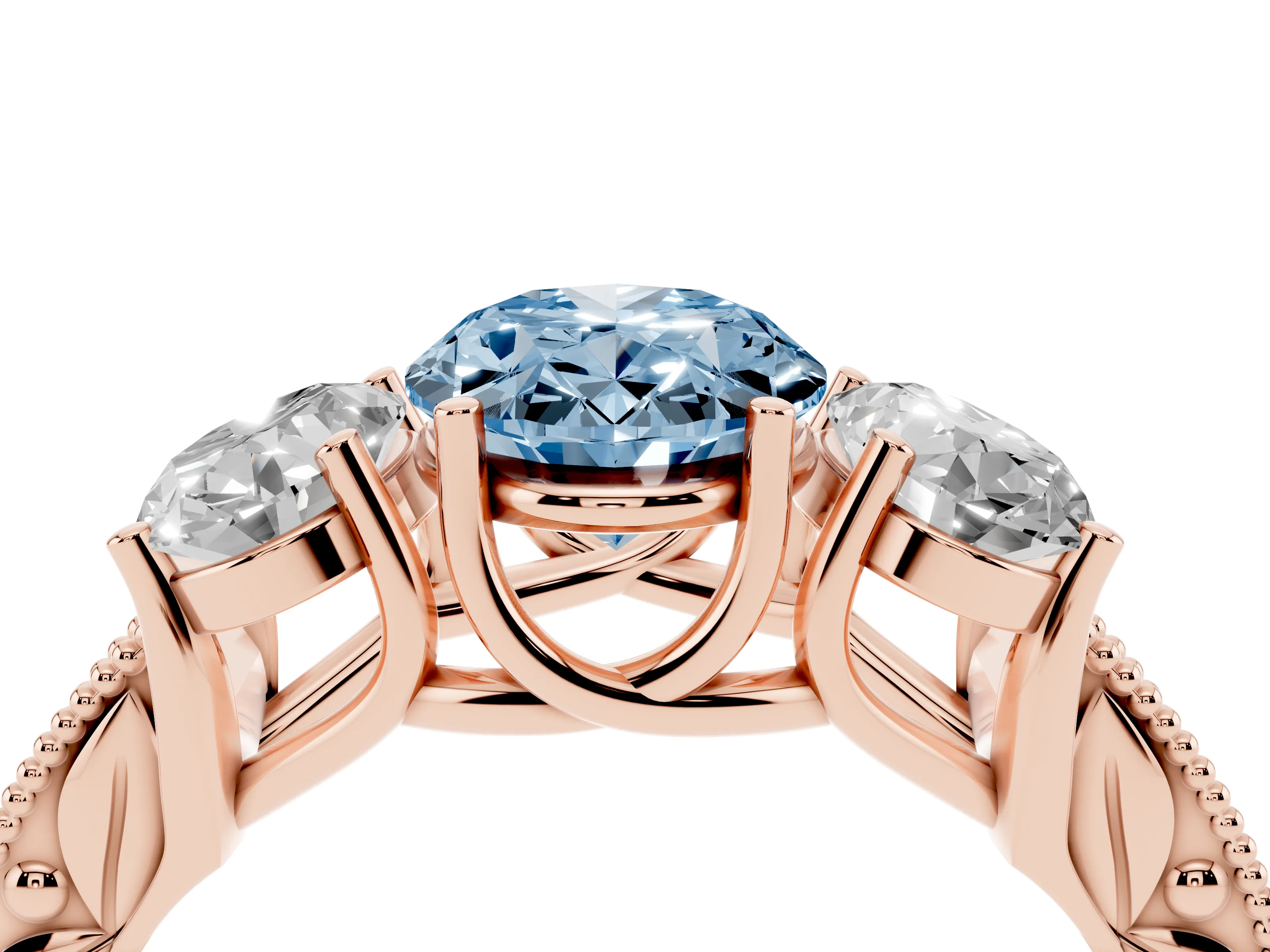 Fancy Blue Oval Cut Diamond Three-Stone Engagement Ring Set in Rose gold with Milgrain Pavé Band