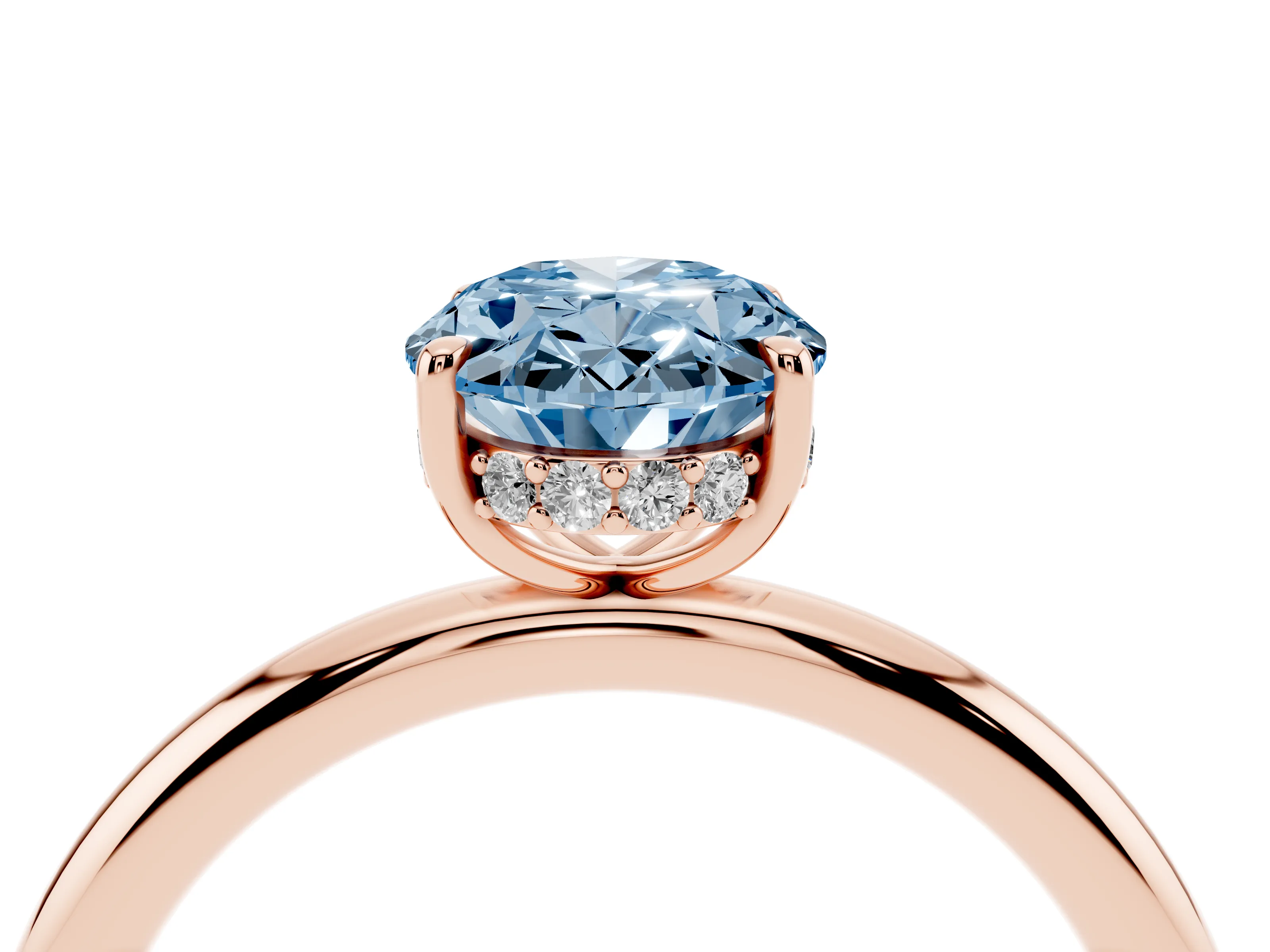 Fancy Blue Oval Cut Diamond Solitaire Ring Set in Rose gold with Thin Band and Prong Setting