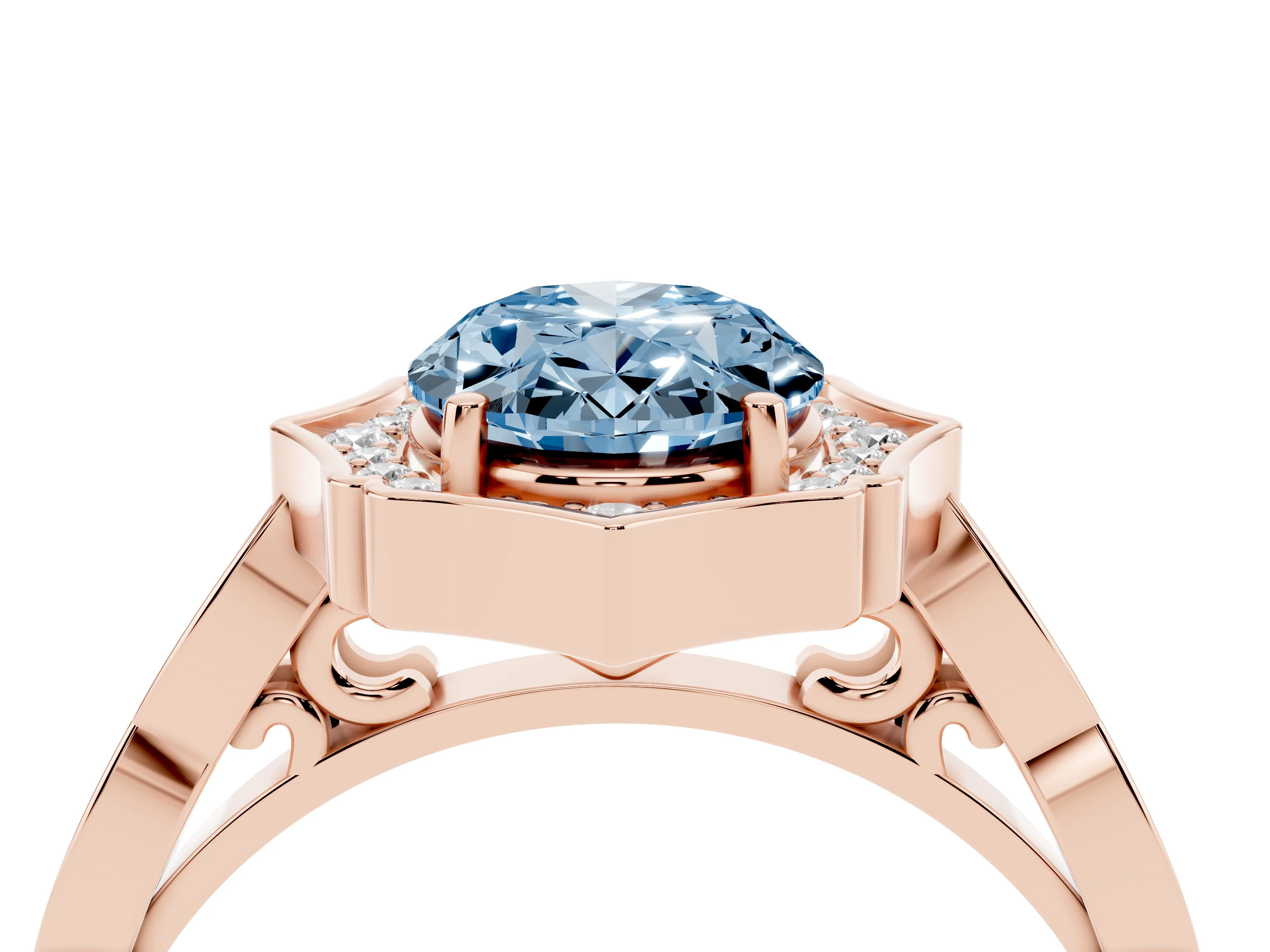 Fancy Blue Oval Cut Diamond Halo Engagement Ring Set in Rose gold with Milgrain Band and Prong Setting