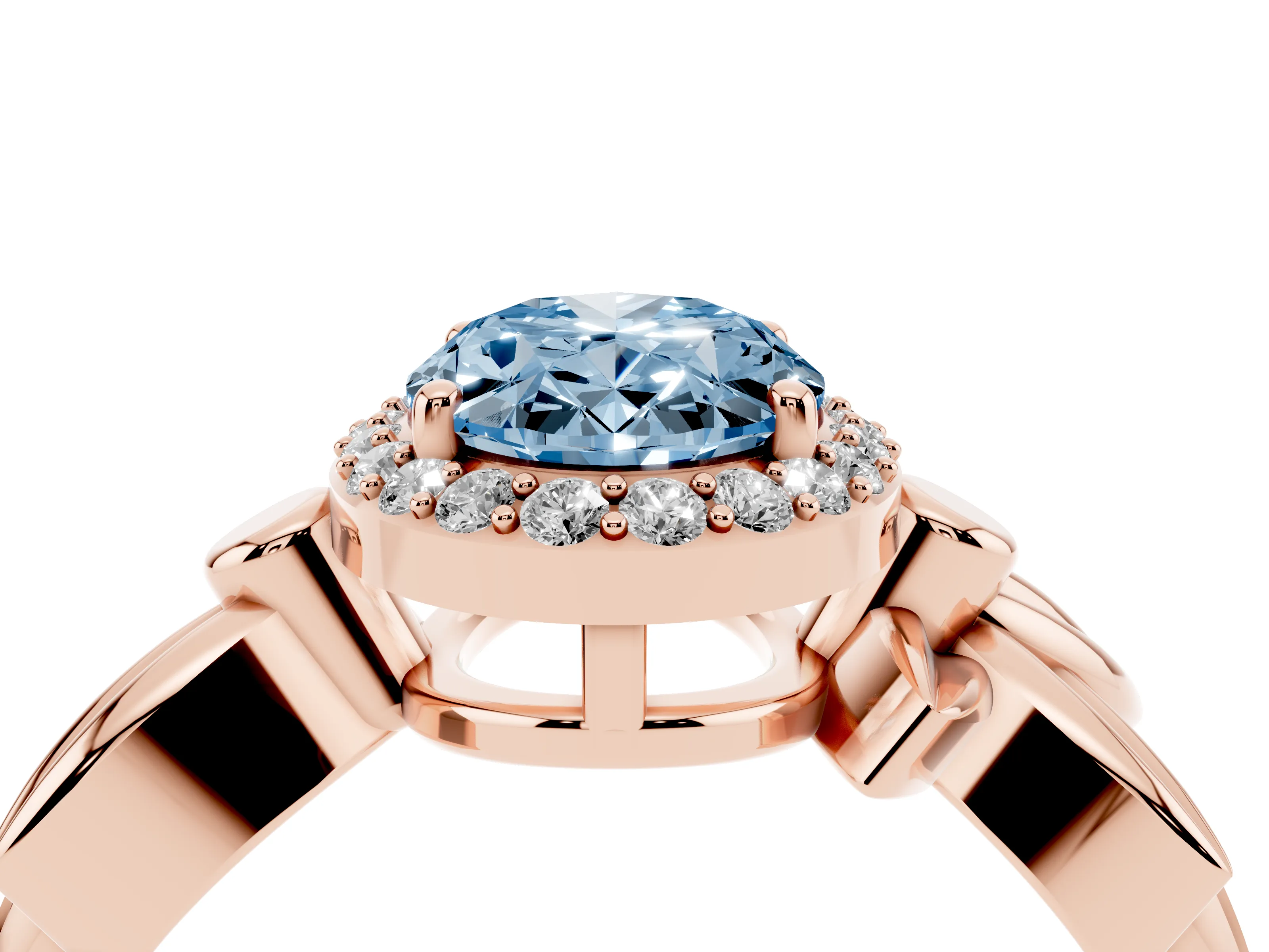 Fancy Blue Oval Cut Diamond Halo Floral Band Ring Set in Rose gold with Prong Setting