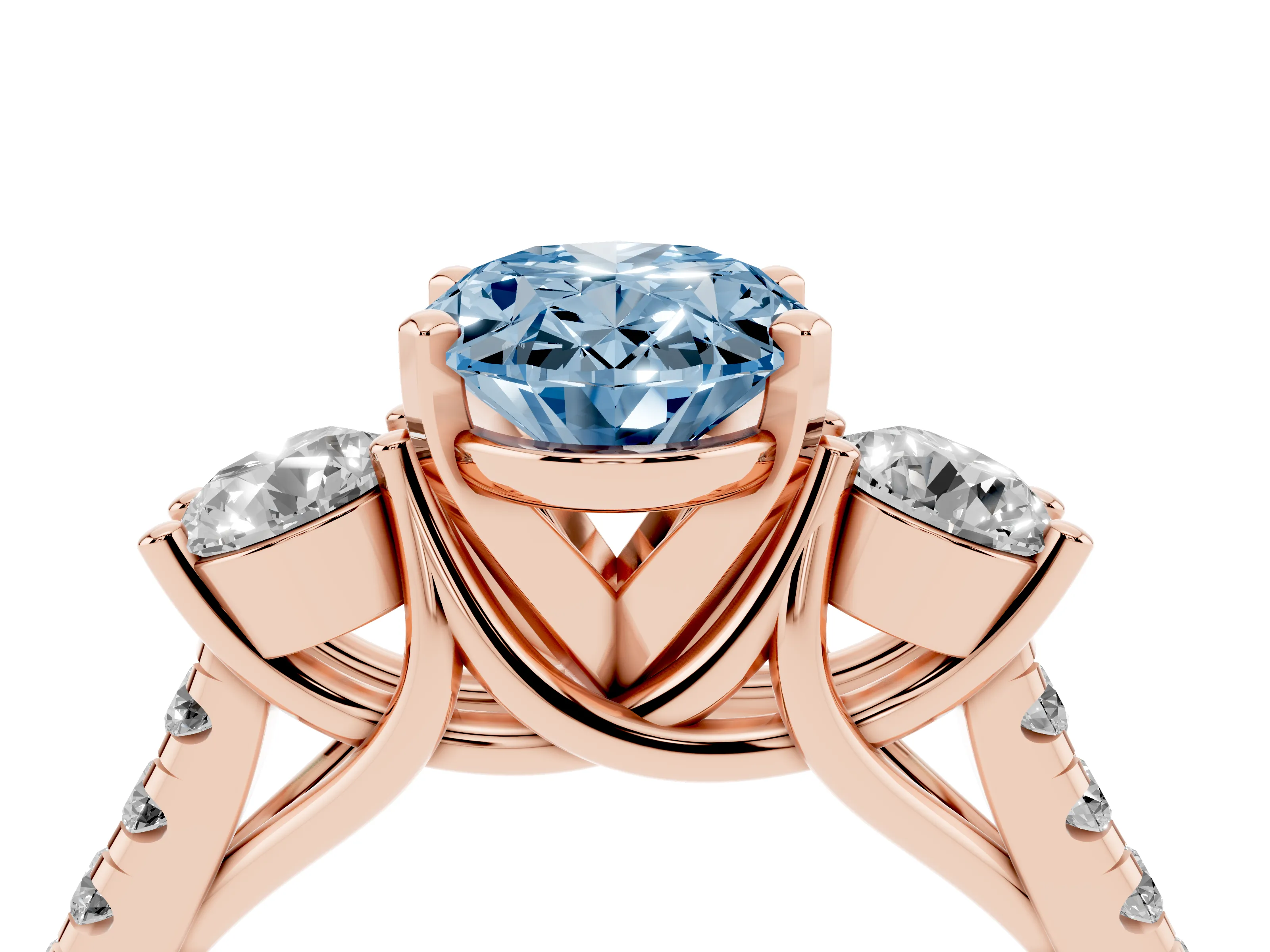 Fancy Blue Three-Stone Oval Cut Diamond Pavé Band Ring Set in Rose gold with Prong-Set Trio