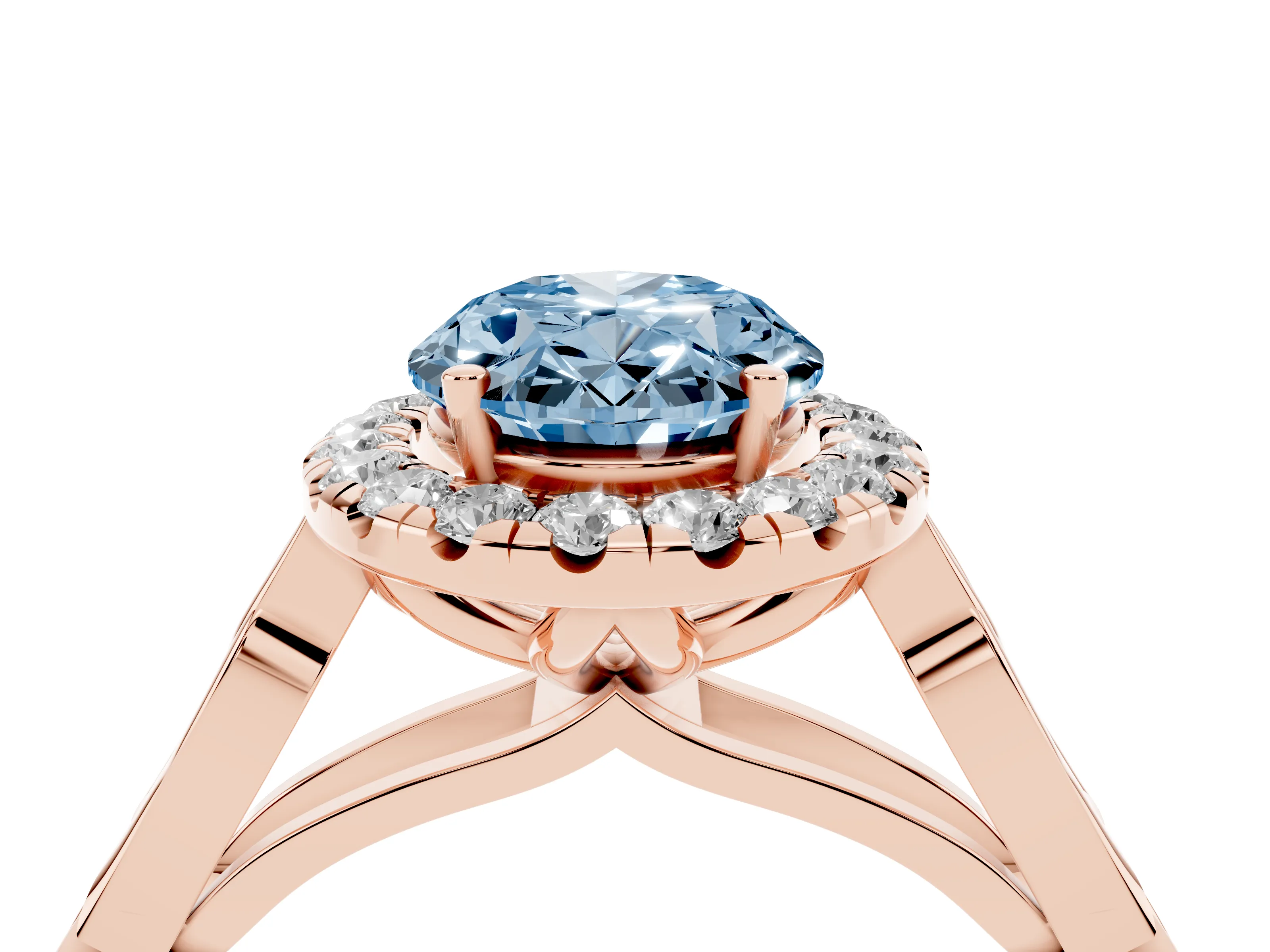 Fancy Blue Oval Cut Diamond Halo Engagement Ring Set in Rose gold with Filigree Band and Prong-Set Center