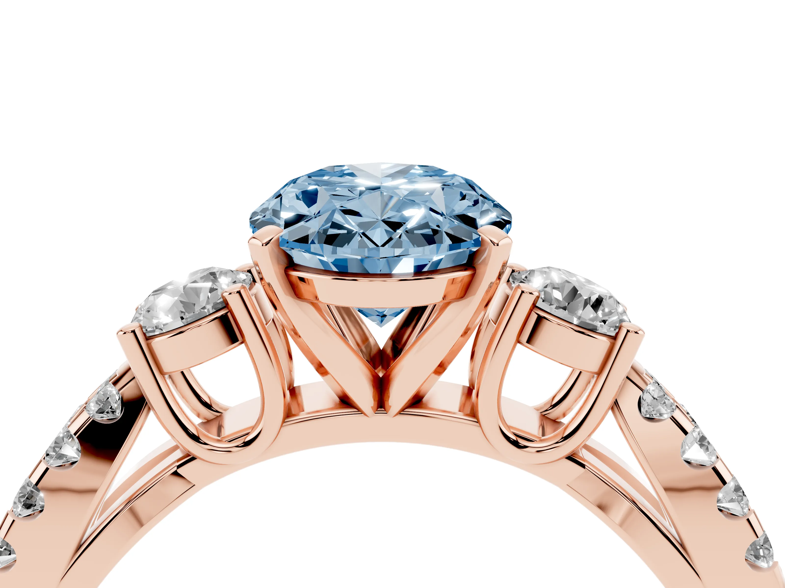 Fancy Blue Oval Cut Diamond Three-Stone Ring Set in Rose gold with Pavé Split Shank and Prong Setting