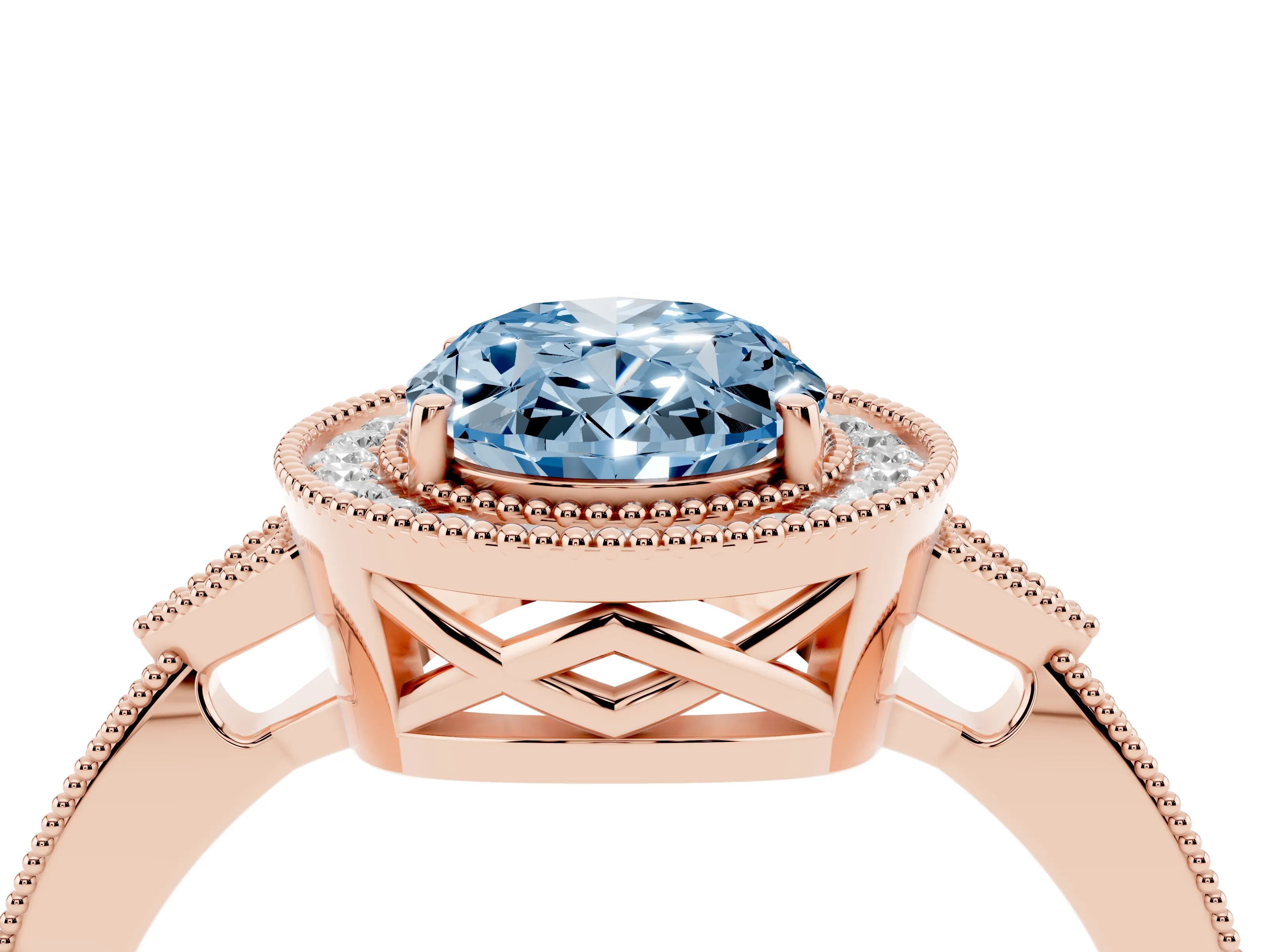 Fancy Blue Oval Cut Diamond Halo Engagement Ring Set in Rose gold with Milgrain Pavé Band