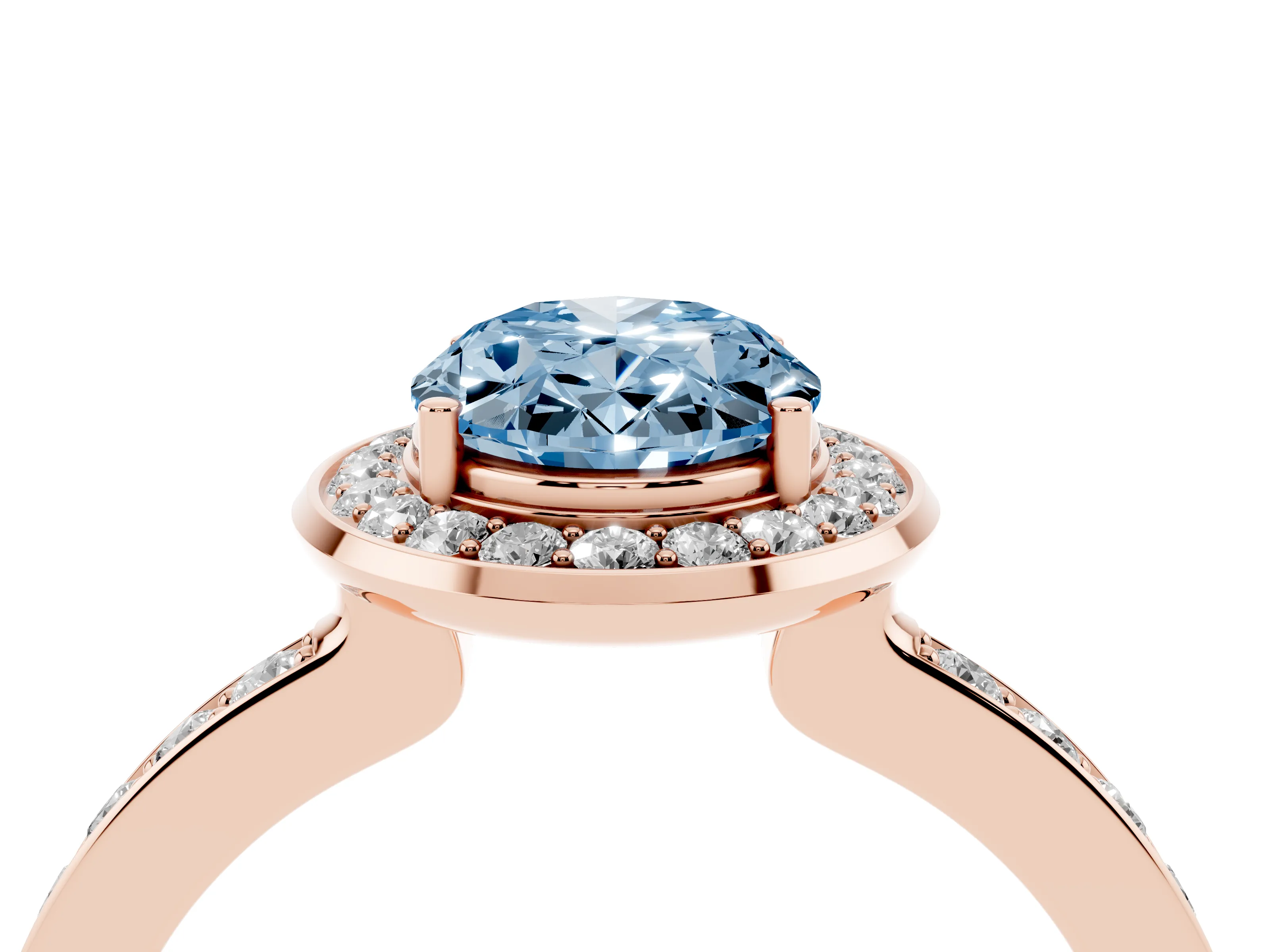 Fancy Blue Oval Cut Diamond Halo Ring Set in Rose gold with Bezel Frame and Pavé Band