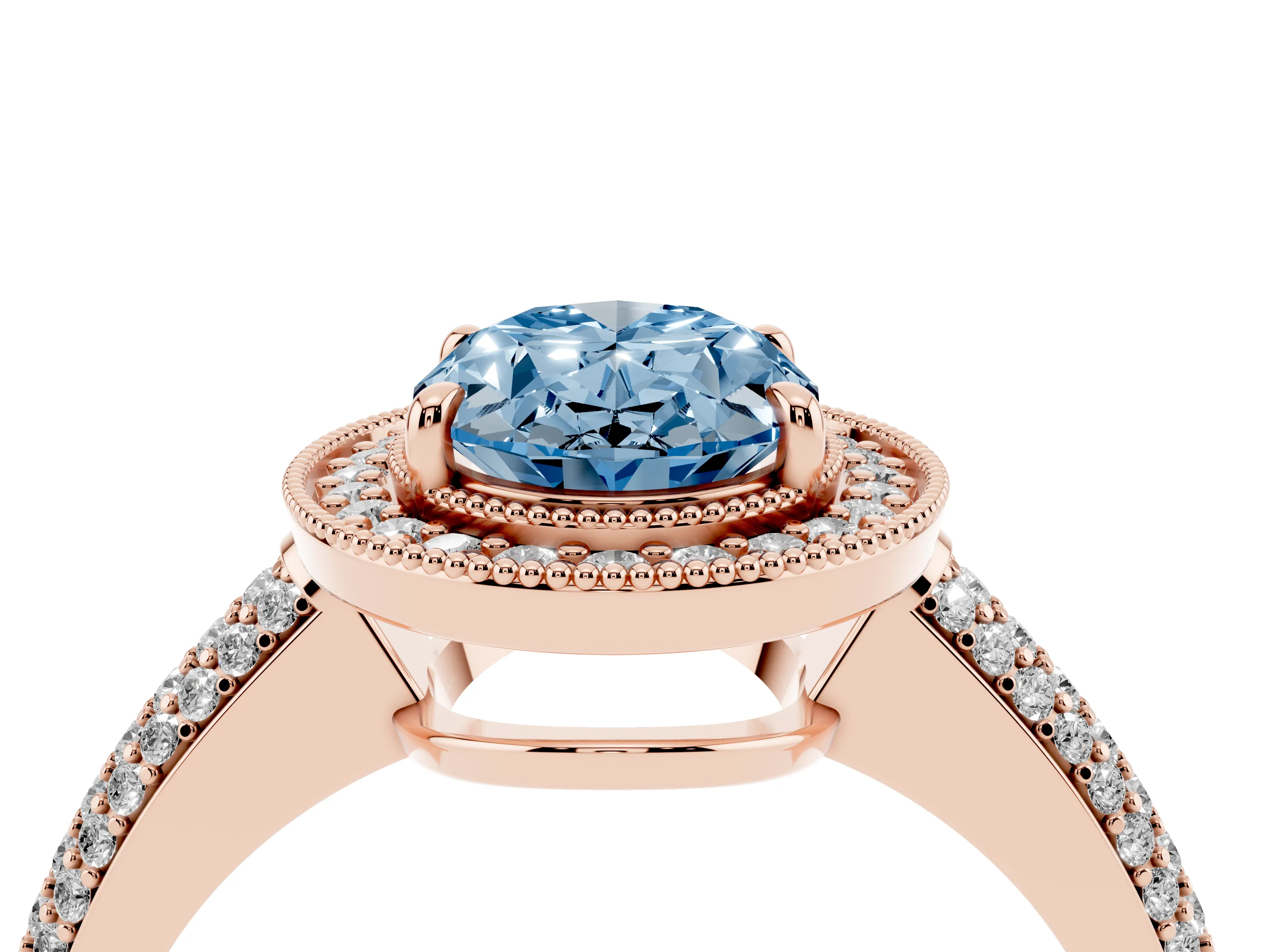 Fancy Blue Oval Cut Diamond Halo Pavé Band Set in Rose gold with Prong Setting