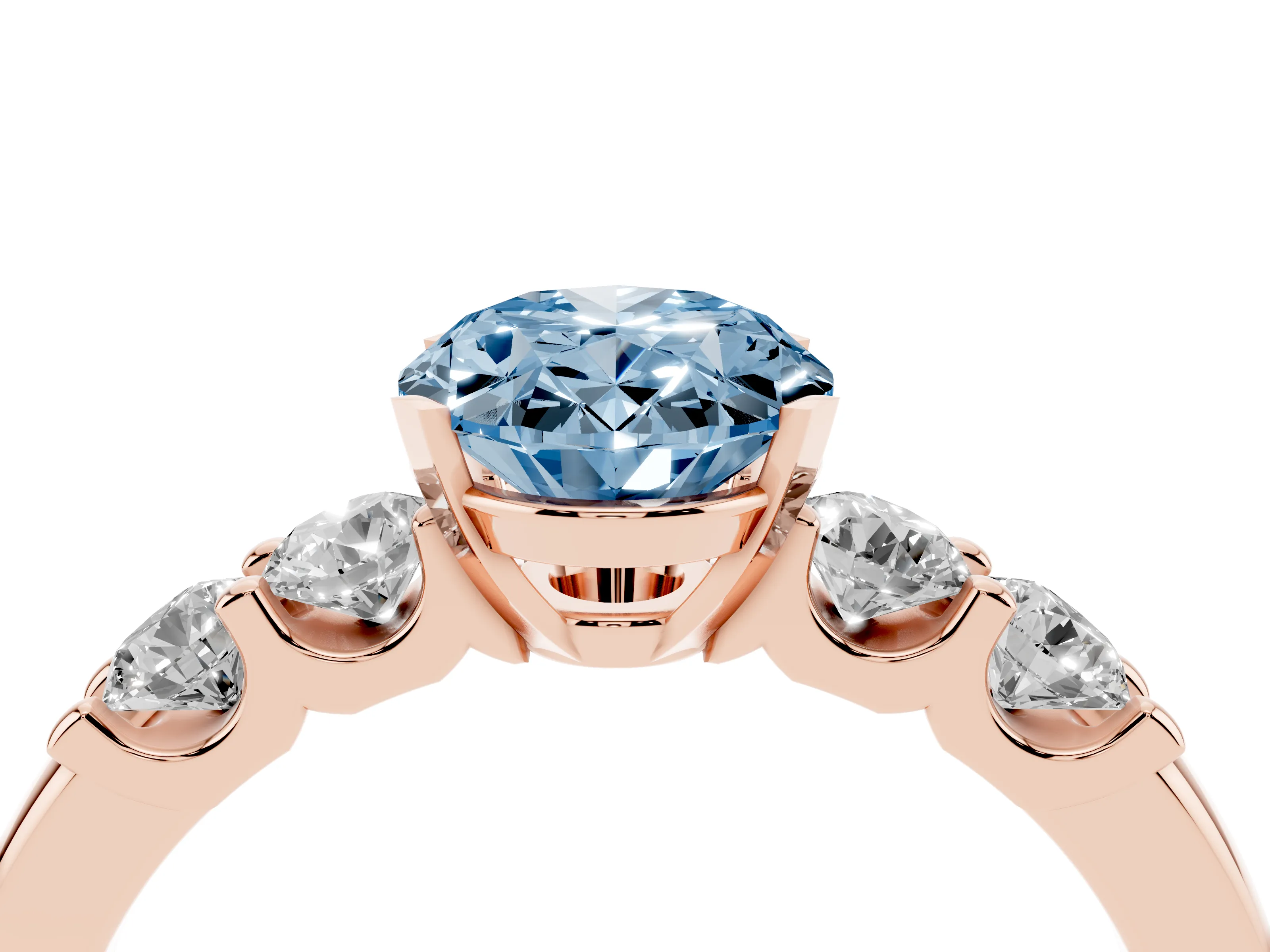 Fancy Blue Oval Cut Diamond Five-Stone Prong Set Engagement Ring Set in Rose gold with Channel Band