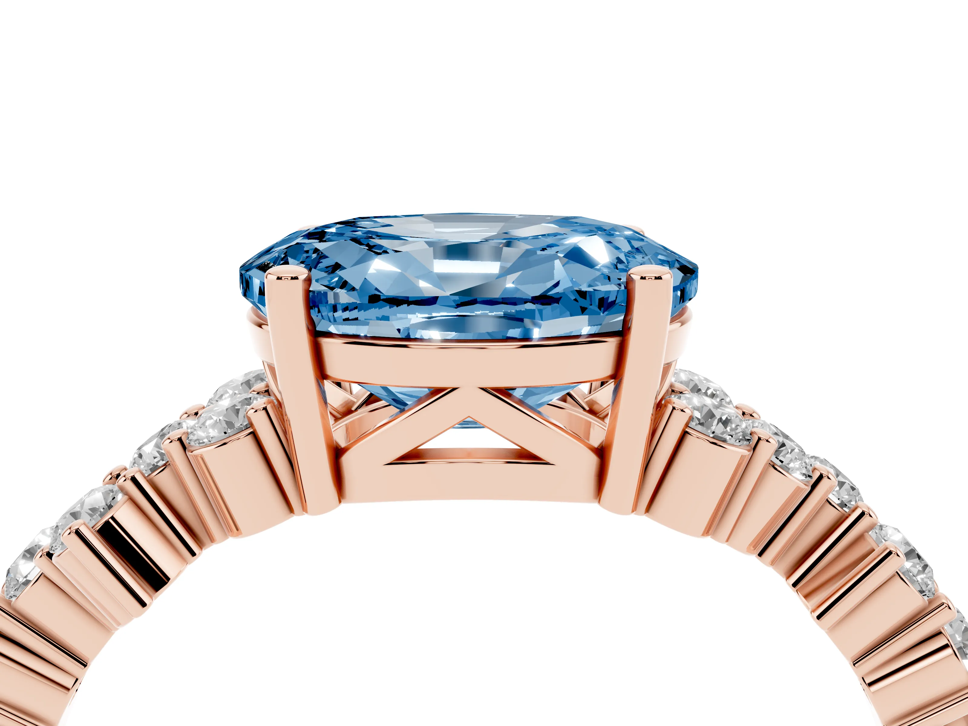 Fancy Blue Oval Cut Diamond Ring Set in Rose gold with Scattered Round Accents