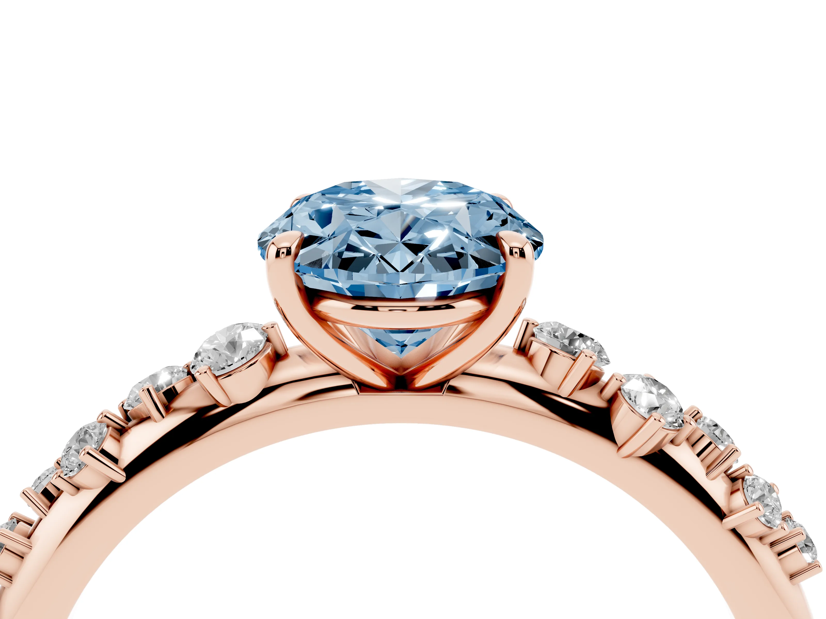 Fancy Blue Oval Cut Diamond Cluster Solitaire Ring Set in Rose gold with Prong Setting