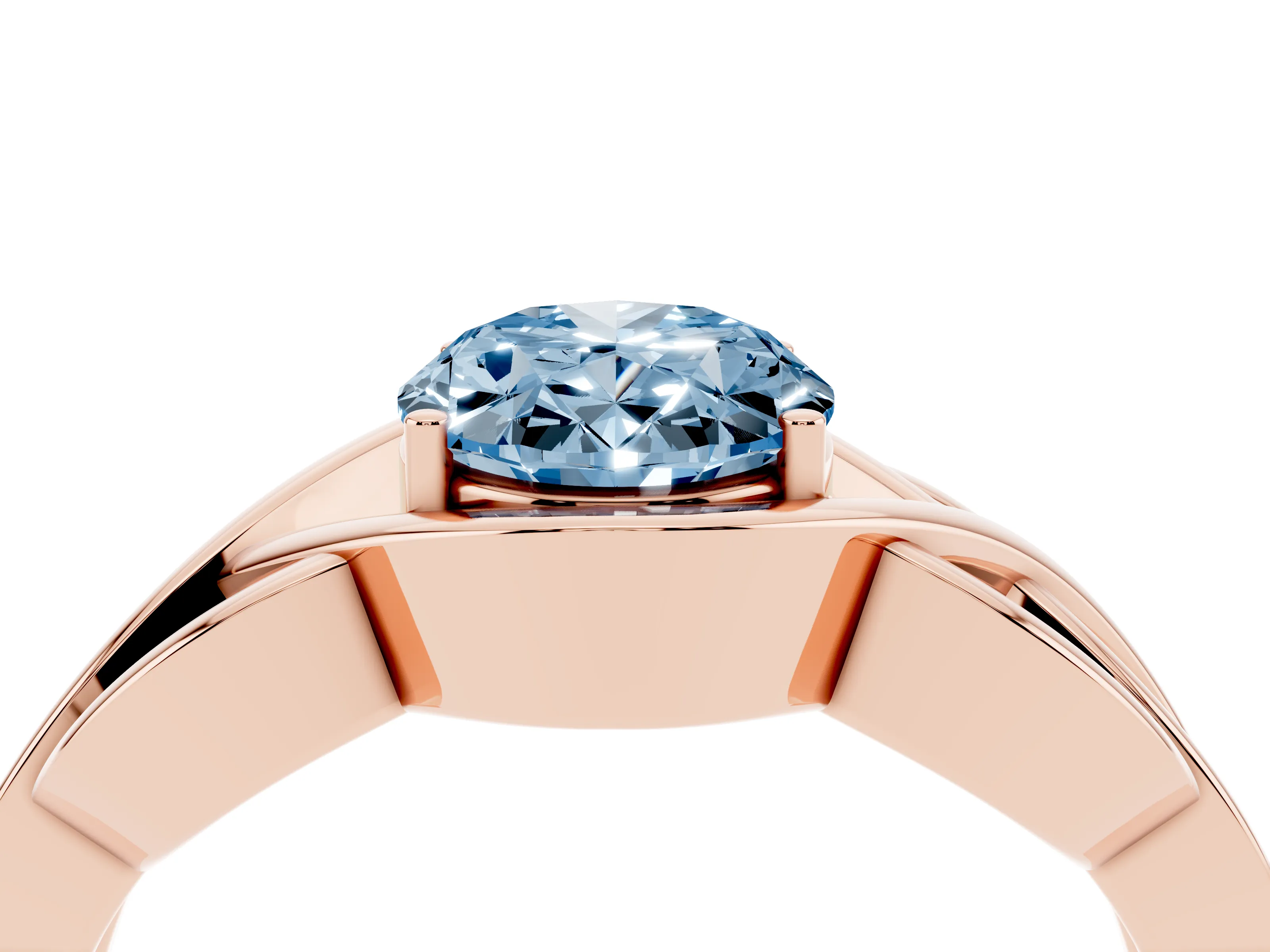 Fancy Blue Oval Cut Diamond Solitaire Ring Set in Rose gold with Intertwined Band
